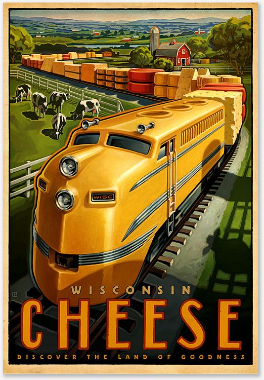 Photo-offset poster of a train with cheese shaped train cars going through farmland.