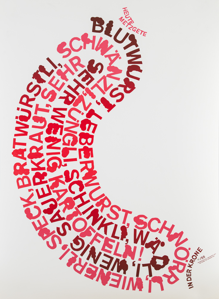 Letterpress poster of text forming the shape of a sausage.