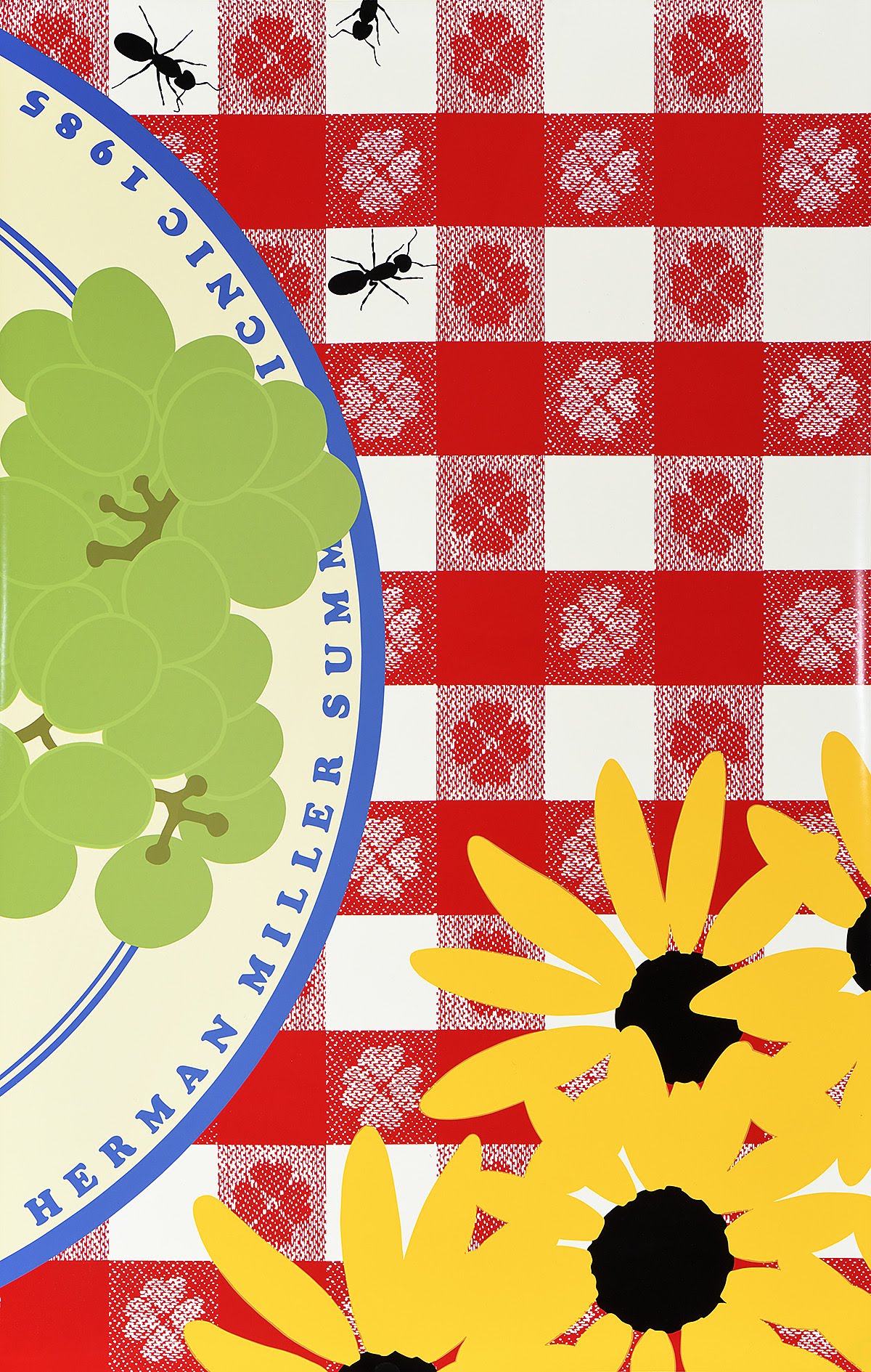Silkscreen poster of flowers, grapes, and ants on a checkered picnic blanket.