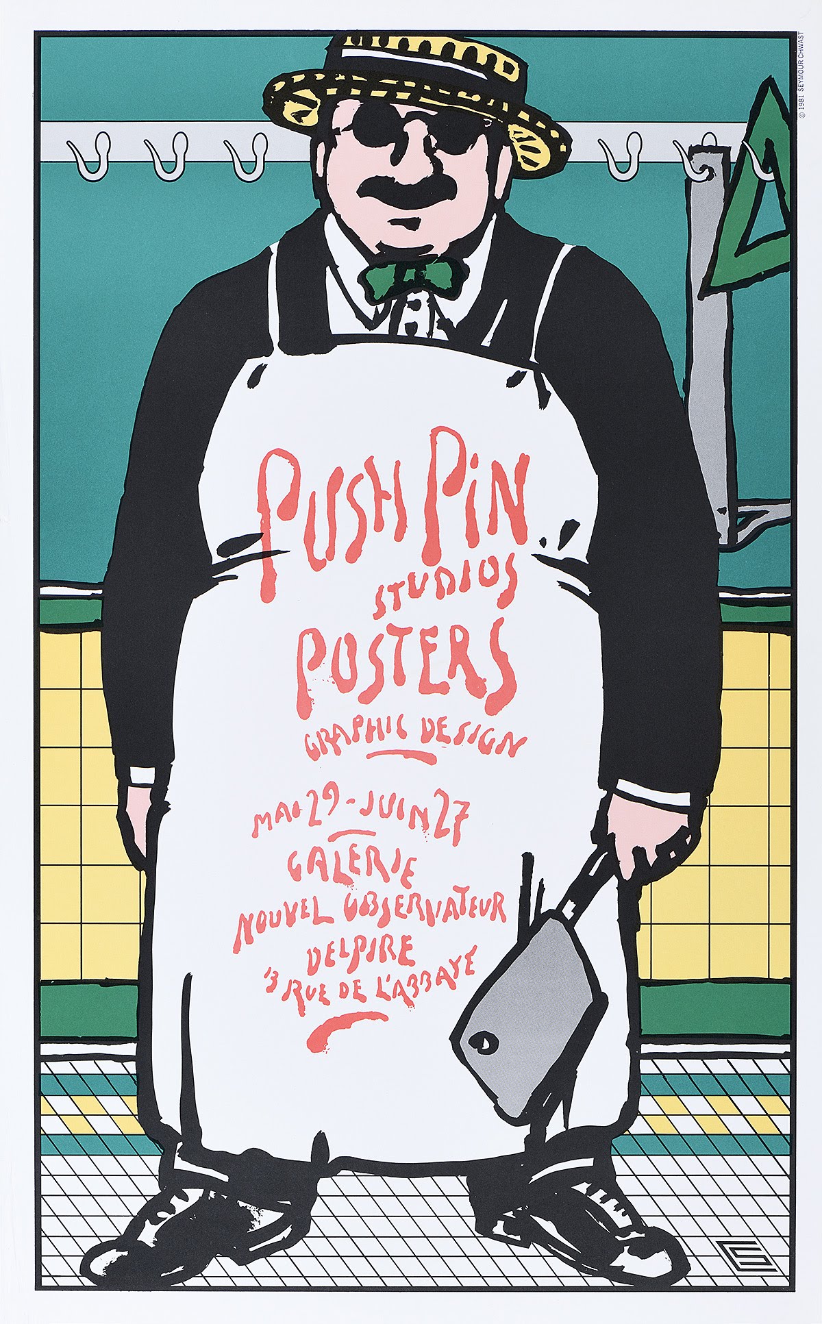 Illustrational poster of a butcher holding a knife with text on his apron.