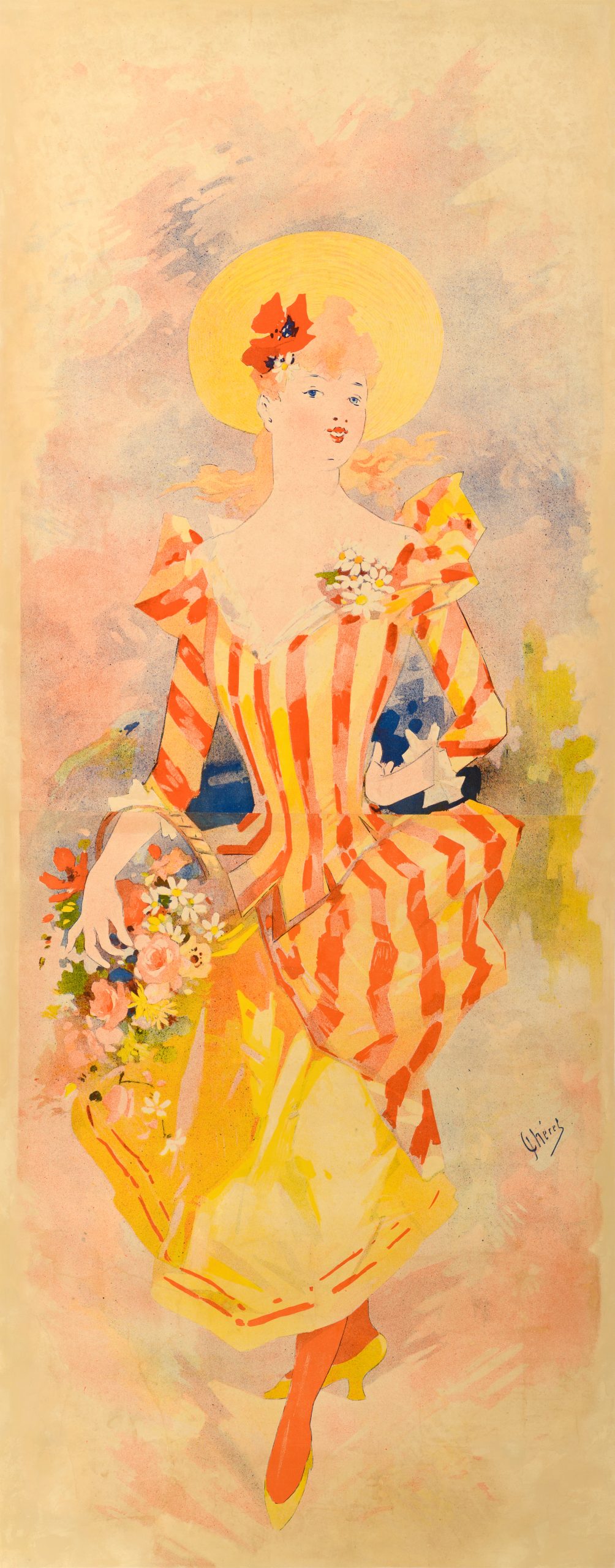 Illustrational poster of a woman with blonde hair wearing a yellow sun hat and yellow and red striped dress walking while carrying a basket of flowers.