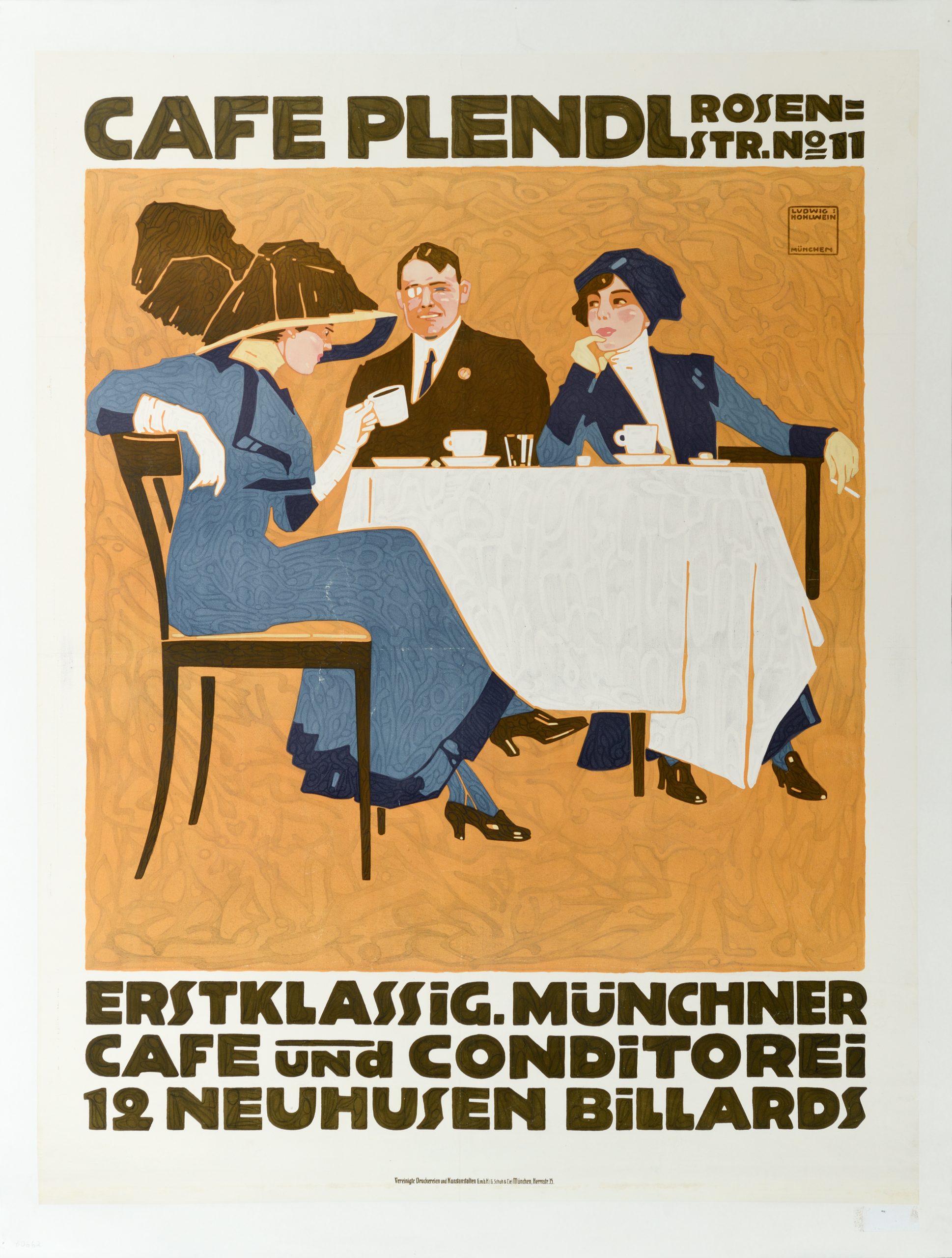 Lithographic poster of 3 figures dining at a café wearing fancy attire.