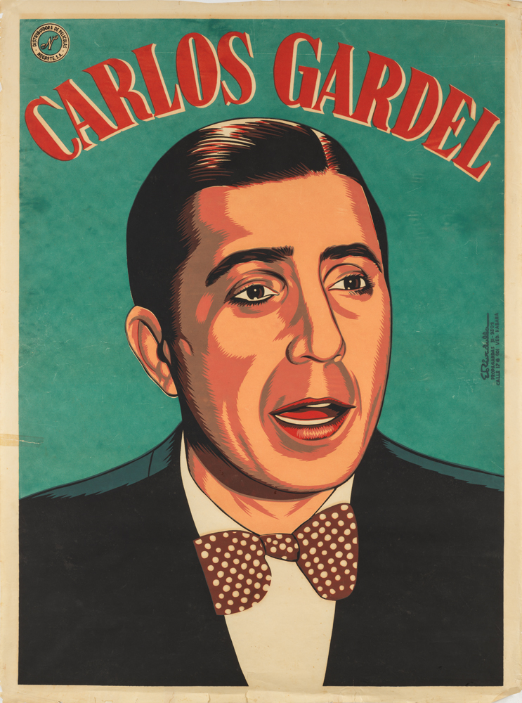 Silkscreen poster of a man wearing a bowtie, his mouth slightly open.