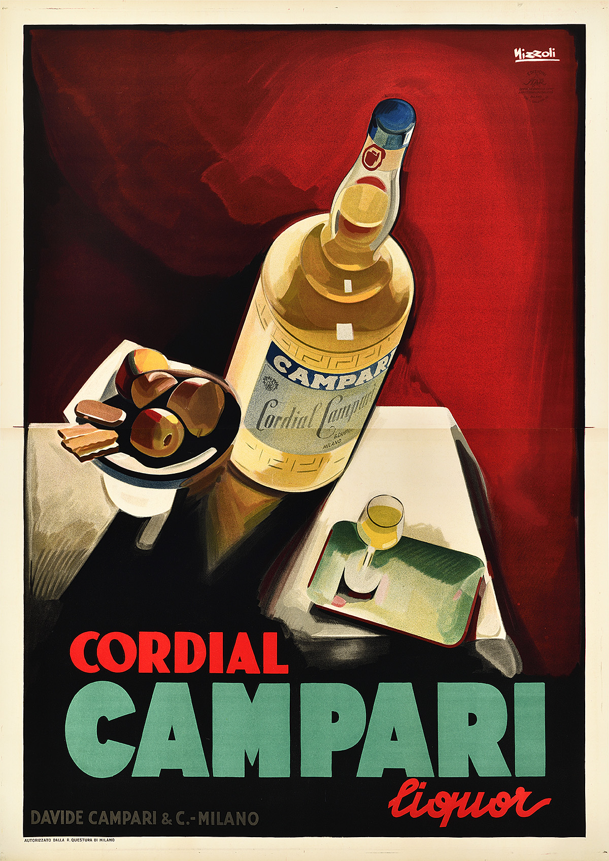 Illustrational poster with an overhead view of a bottle of liquor, a wine glass, and an appetizer plate on a small table.