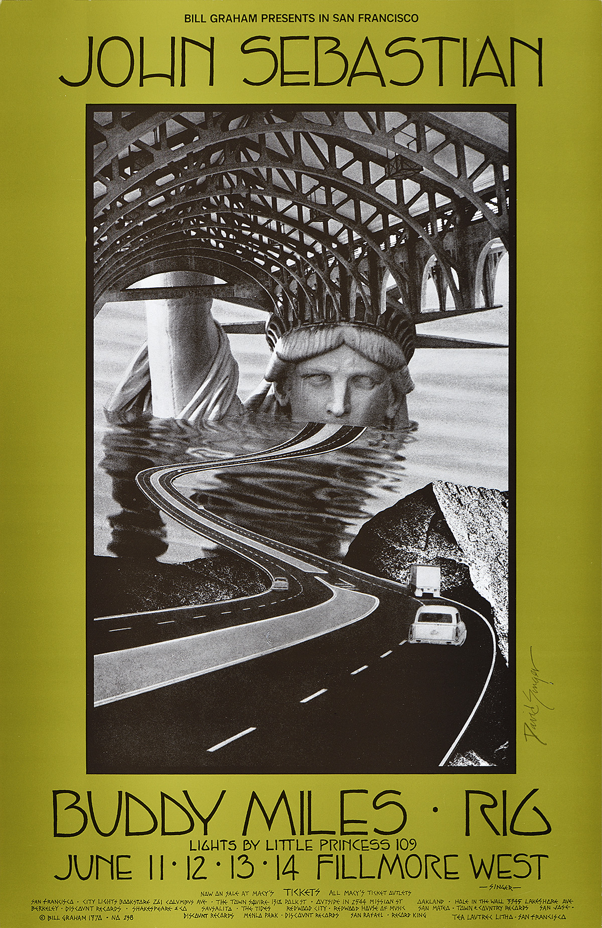 Photo-offset poster of a drowning Statue of Liberty with a road leading to its mouth.