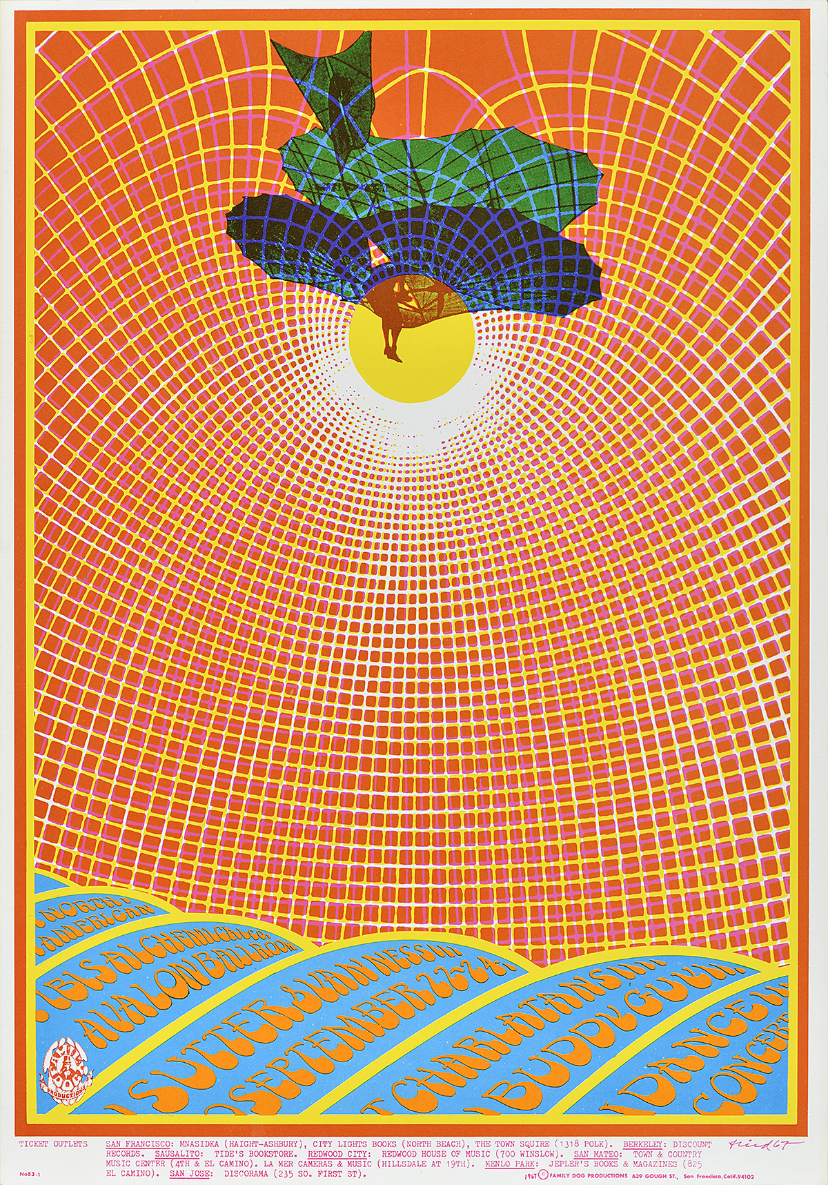 Illustrational poster of a gridded orange sky and a blue ocean with individual waves divided by yellow lines. A person hang glides past a transparent sun overhead.