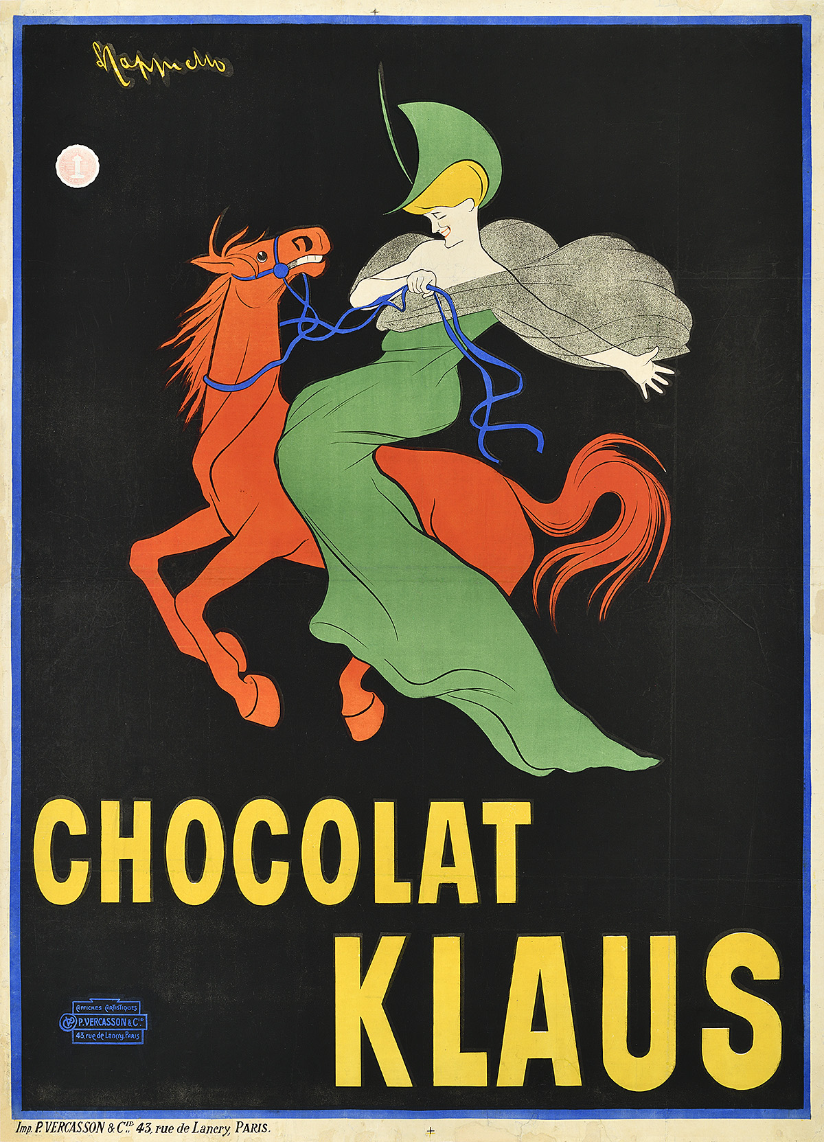 Illustrational poster of a woman in a green dress and hat riding a red horse with a blue rein, on a black background. At the bottom of the poster are the words 