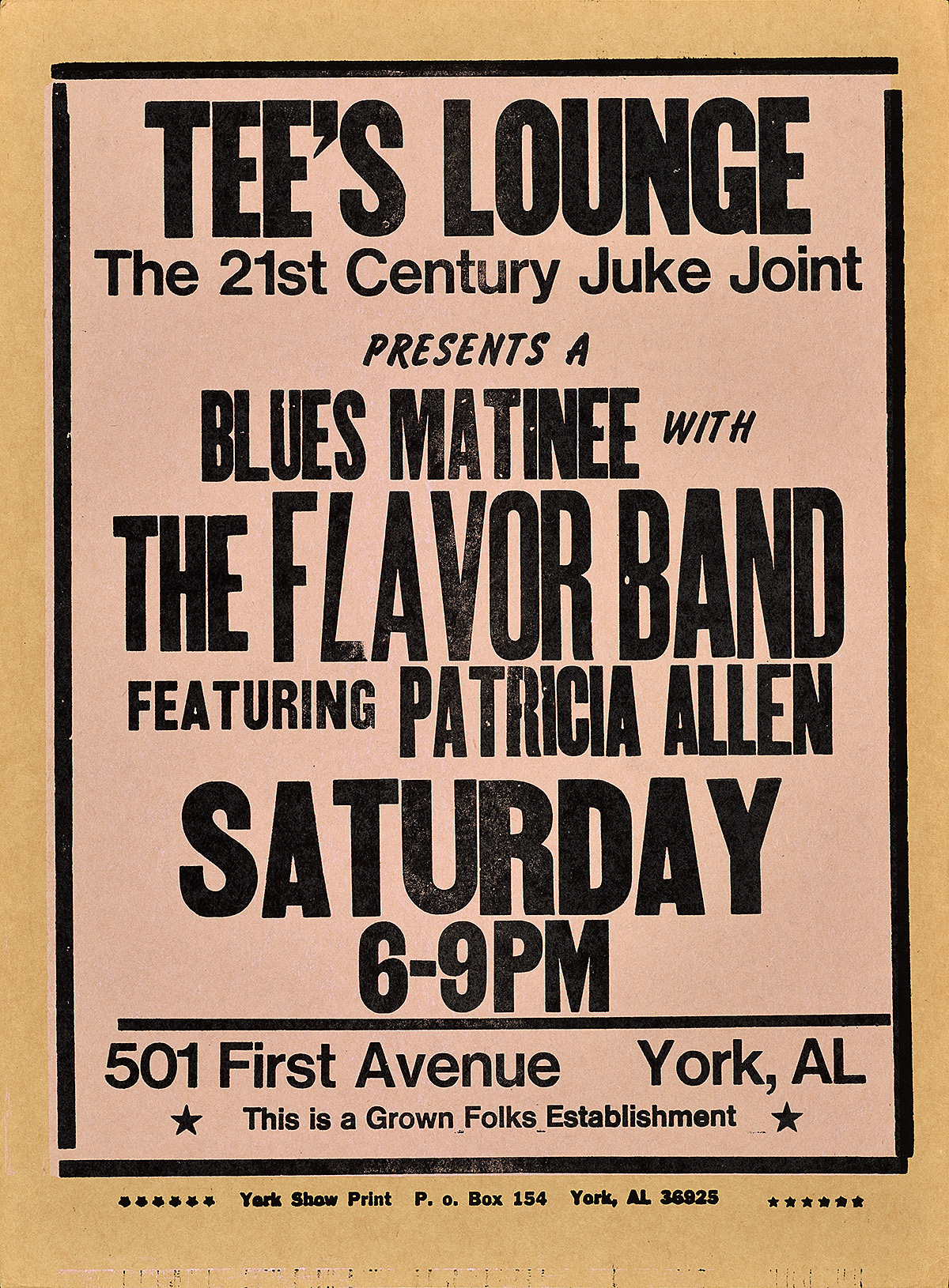 Letterpress poster advertising a band playing at Tee’s Lounge.
