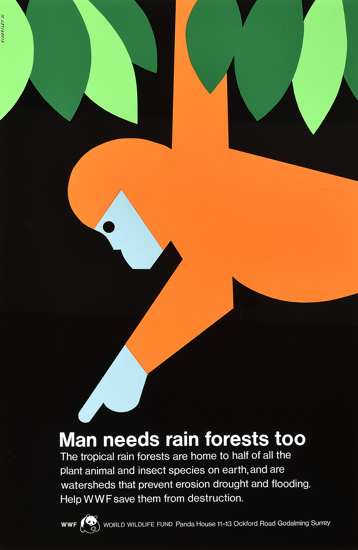 A poster of a simple orange monkey hanging from leaves, pointing to text at the bottom of the page.