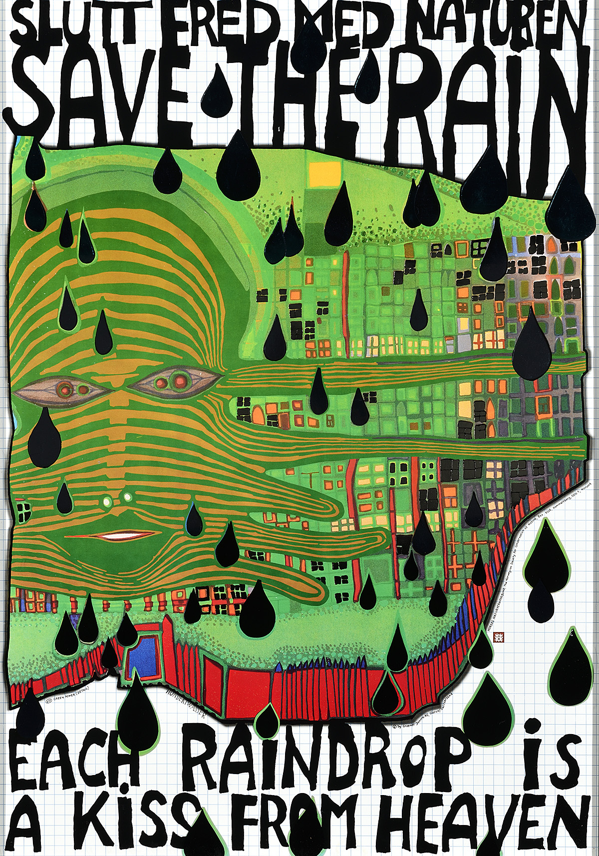 A poster of a green face made of tree roots spreading over a landscape, covered by black raindrops.