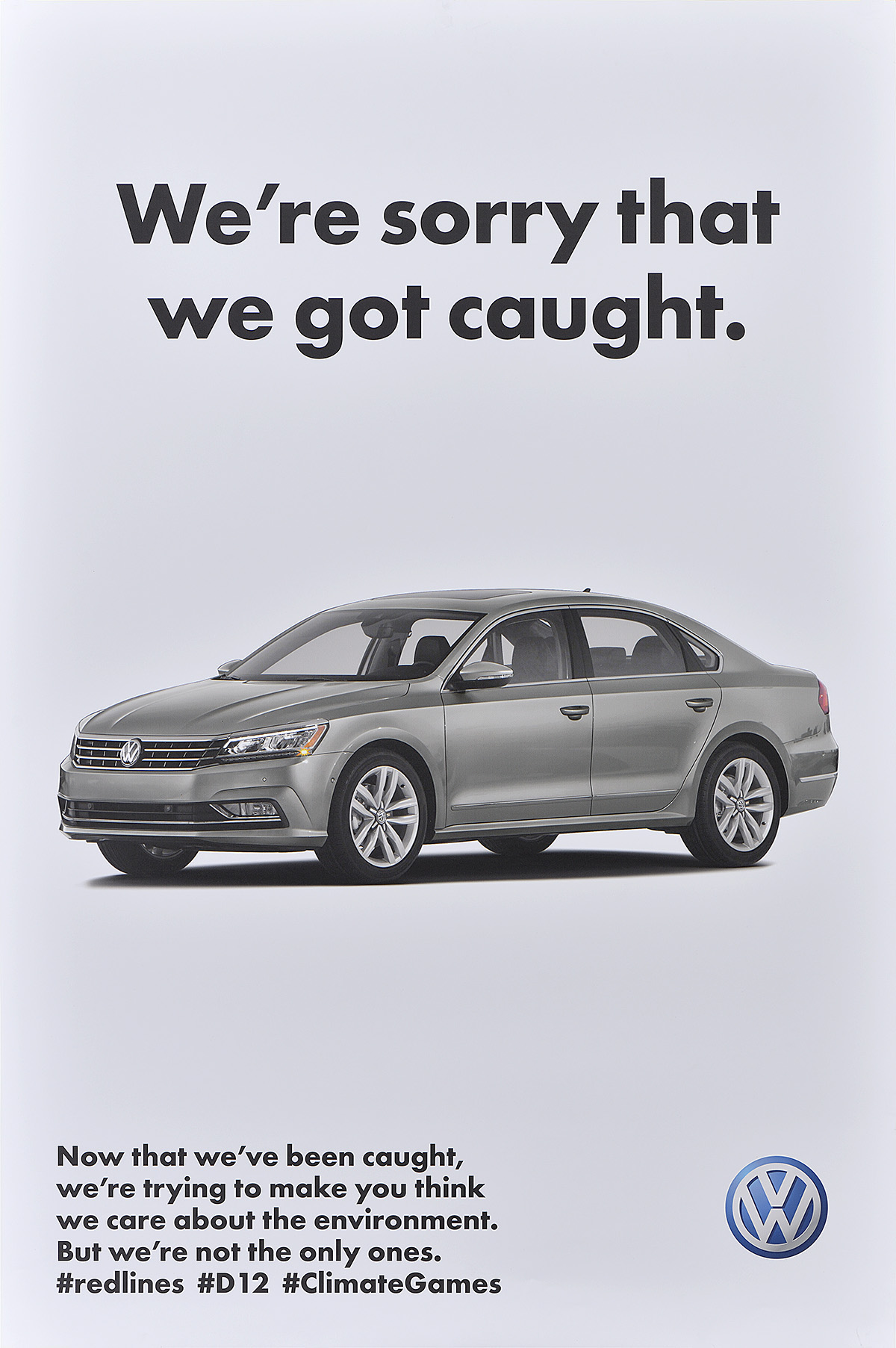 A fake poster advertising a Volkswagen with text over it stating 
