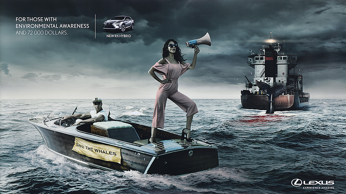 A poster of a couple on a speedboat protesting saving whales in front of a whale's bloody tale.