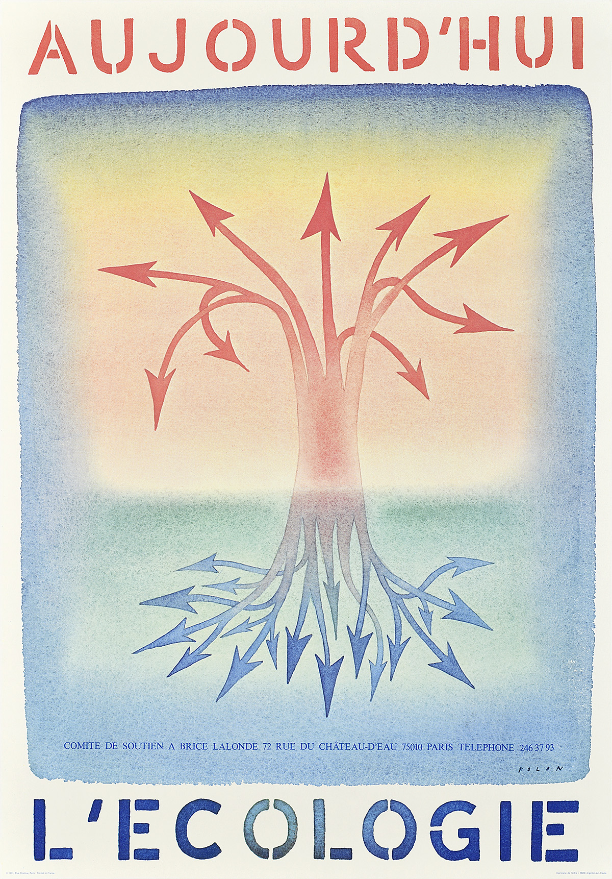 A poster of a tree with arrows on its leaves and roots. The top half is in red, the bottom in blue.