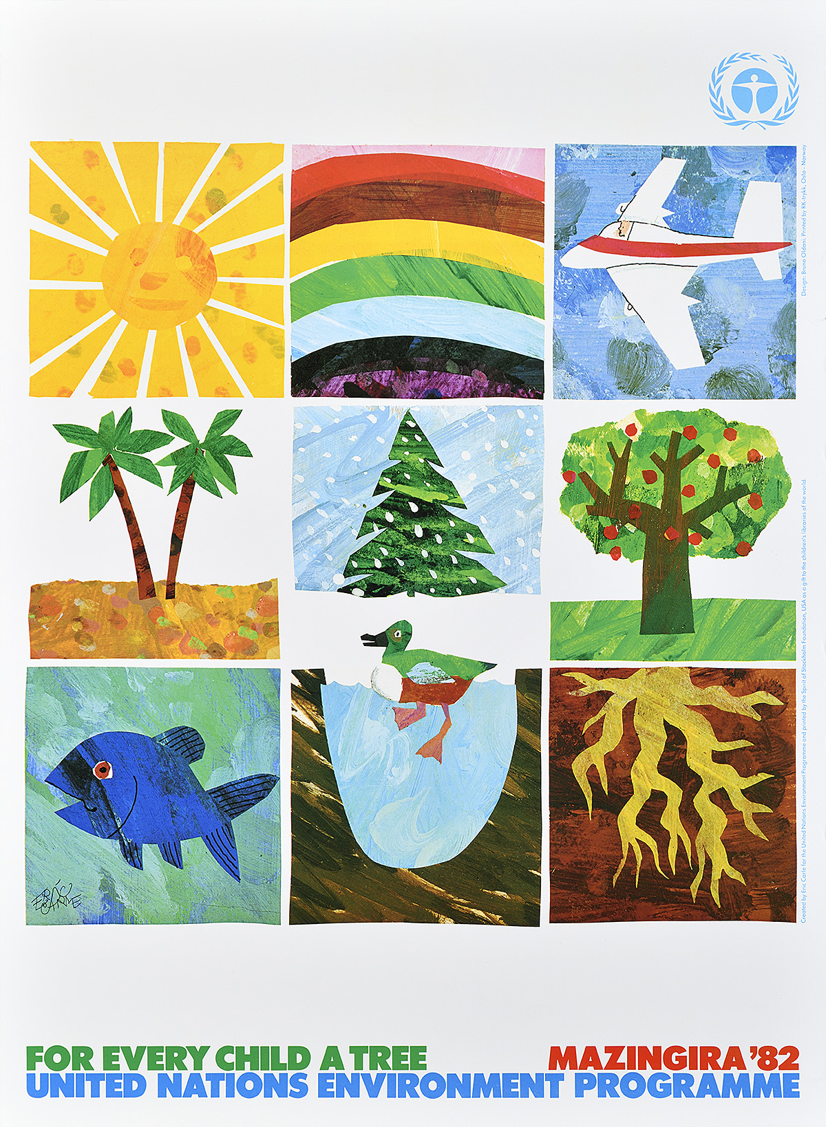 A poster of a grid of nine nature paintings, including a sun, rainbow, fish, and tree.