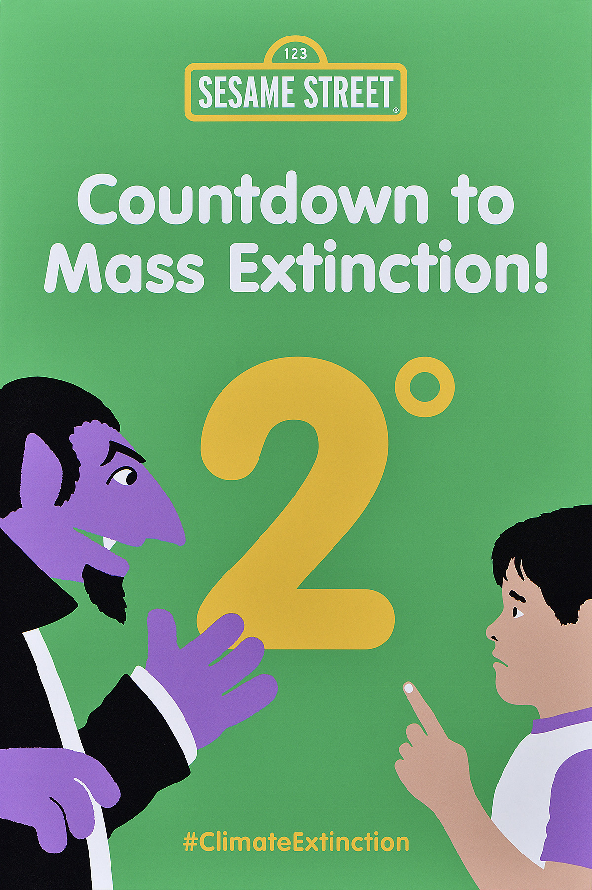 A poster of The Count counting with a scared child in front text stating 