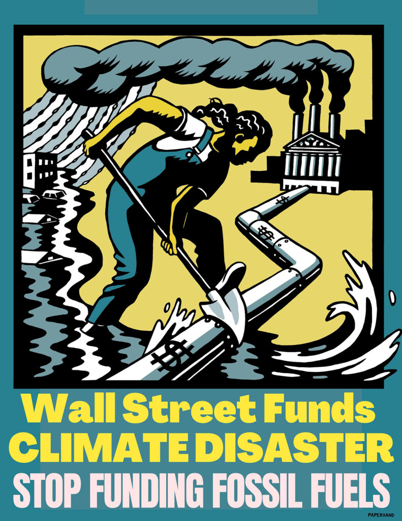 A poster of a worker in water cutting a pipeline with a shovel that leads to a polluting building.