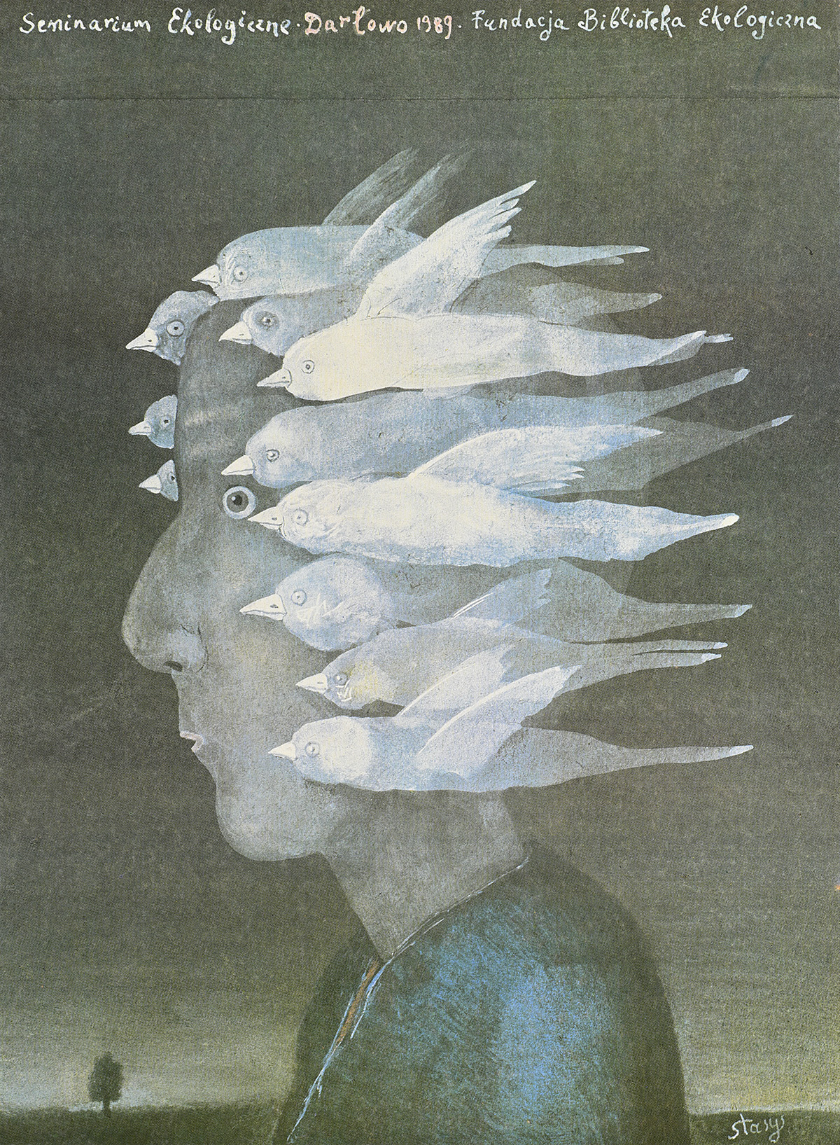 A poster of a figure in profile with a wide eye and birds with wide eyes surrounding their head.