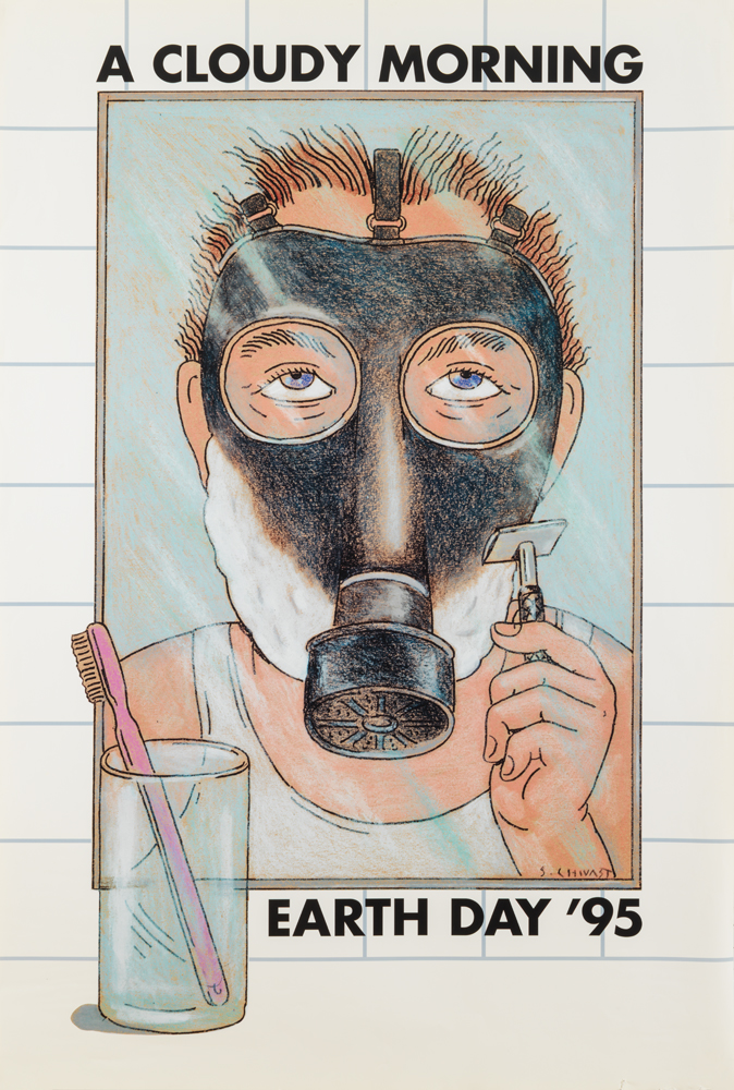 A poster of a figure looking in a mirror and shaving while wearing a gas mask.
