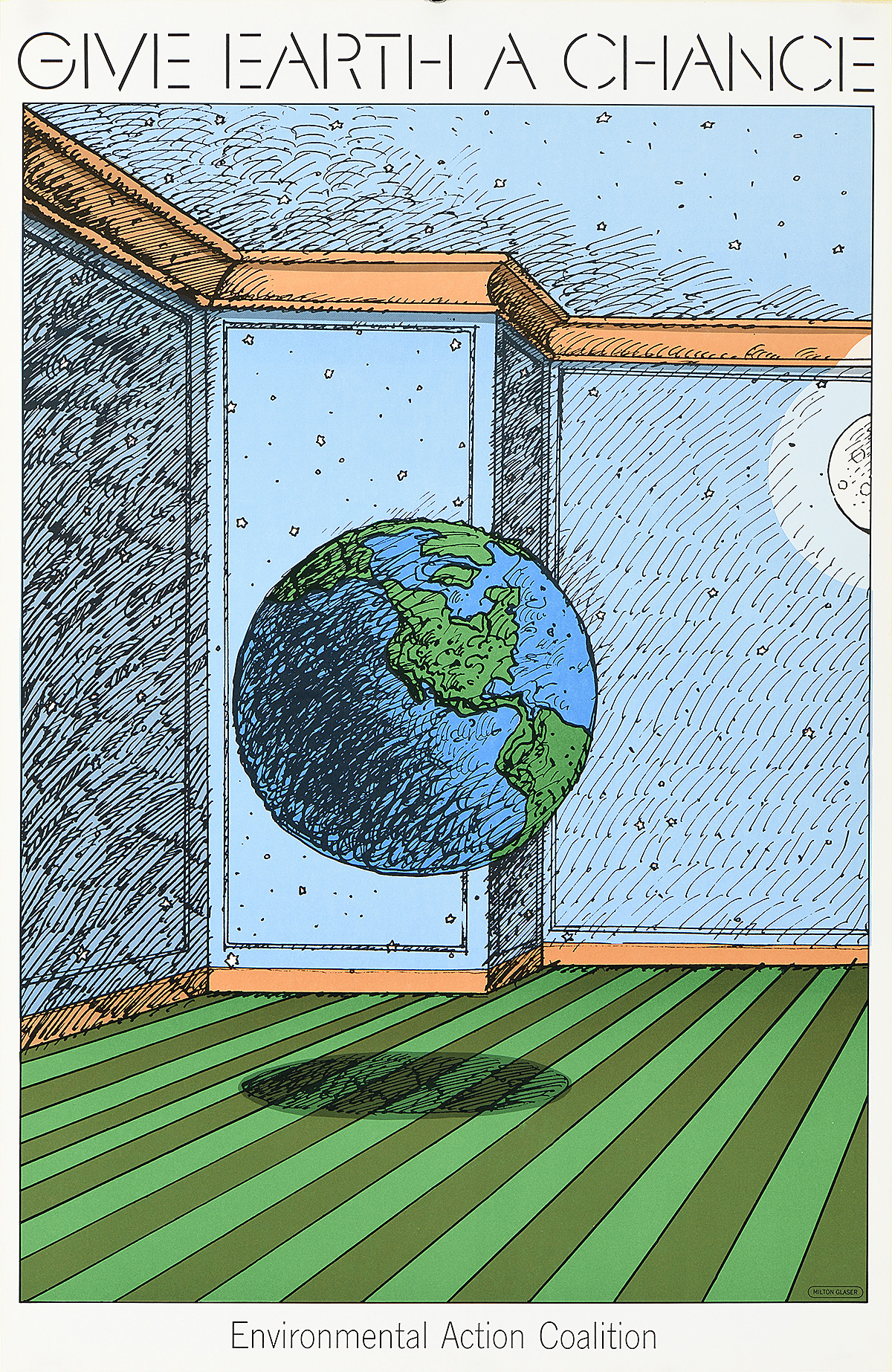 A poster of the earth floating in the middle of a room with stars and the moon on the walls.