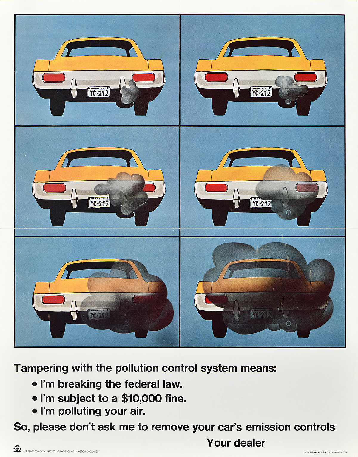A poster of the back of a car that, over six panels, shows smog progressivly emerging from the tail pipe.