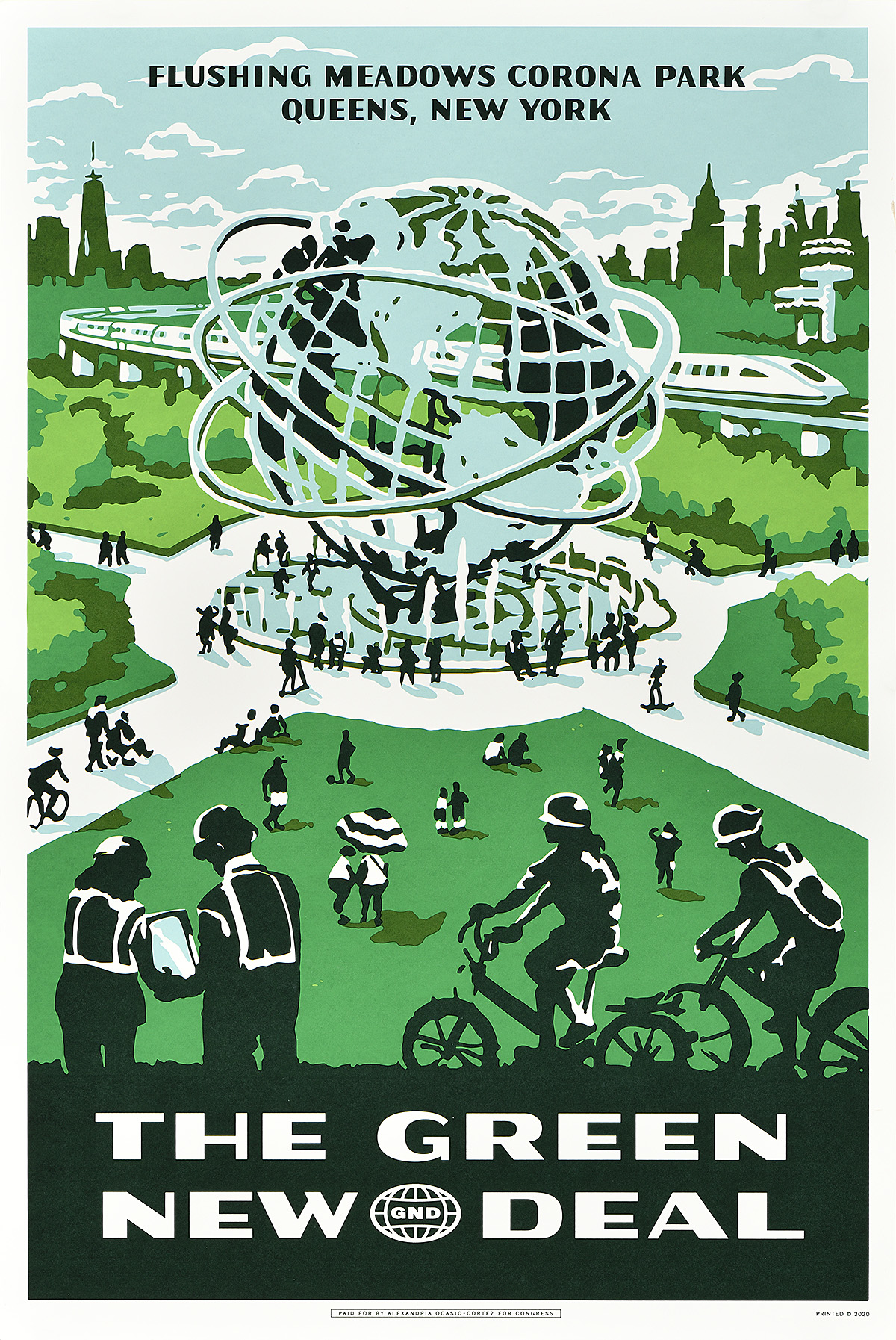 A poster of people surrounding a globe fountain in a lush park with a train in the background.