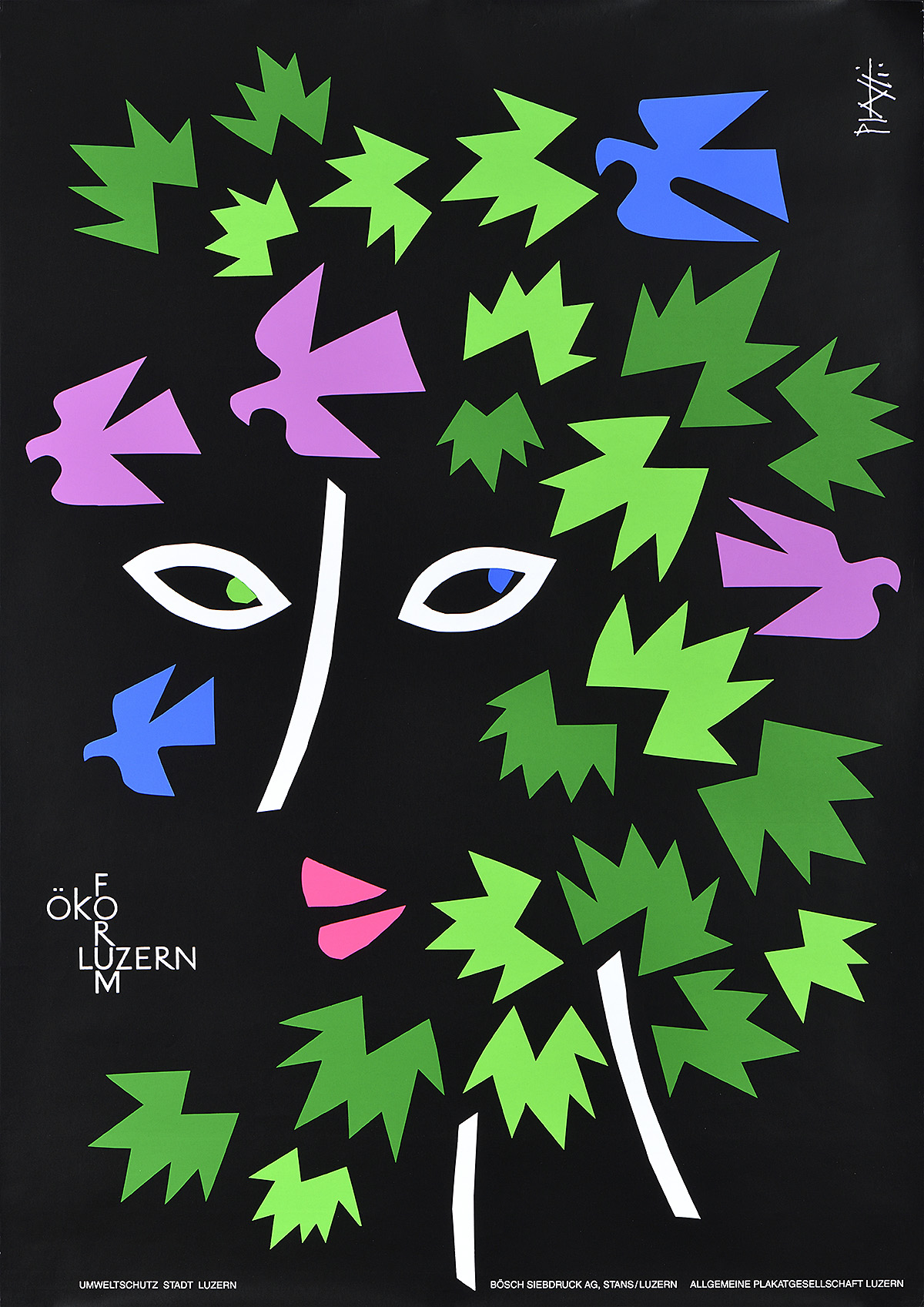 A poster of an outline of a woman's face surrounded by cutouts of geometric birds and plants.