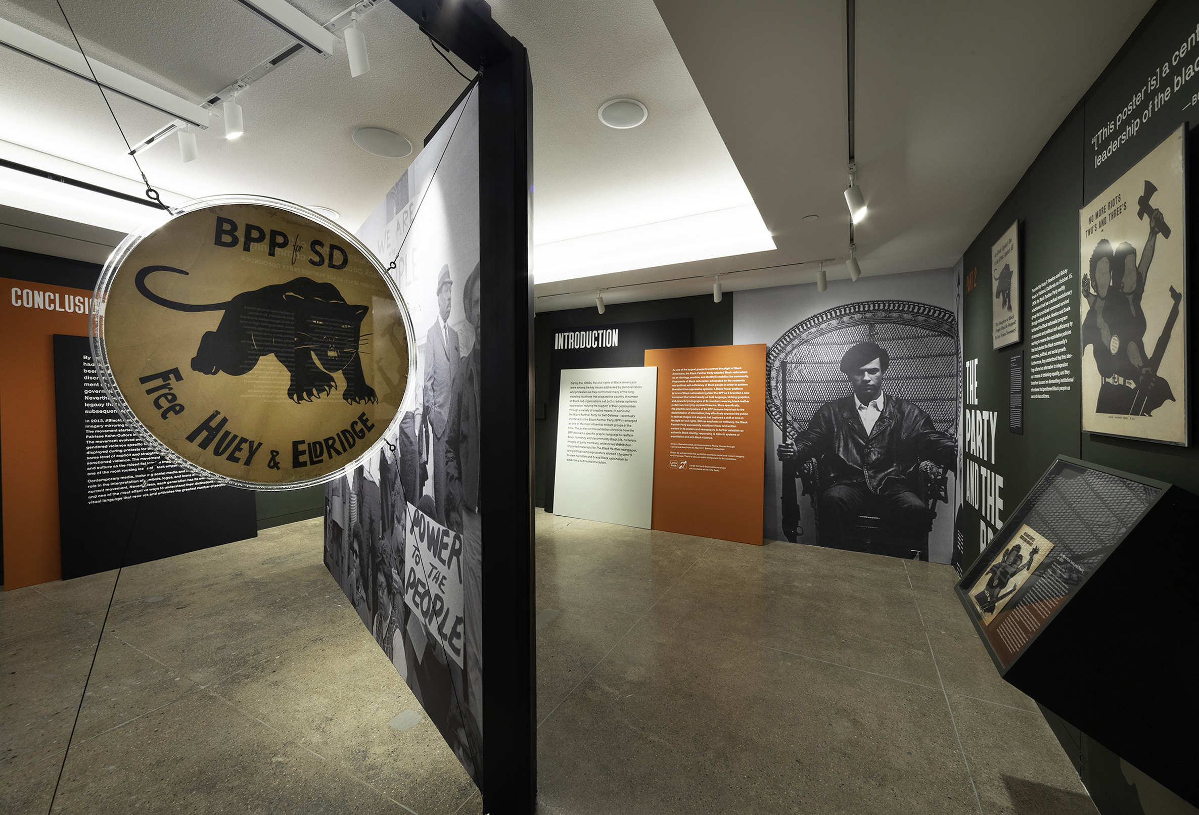A view of part of a a room depicting a Black Panther exhibition.
