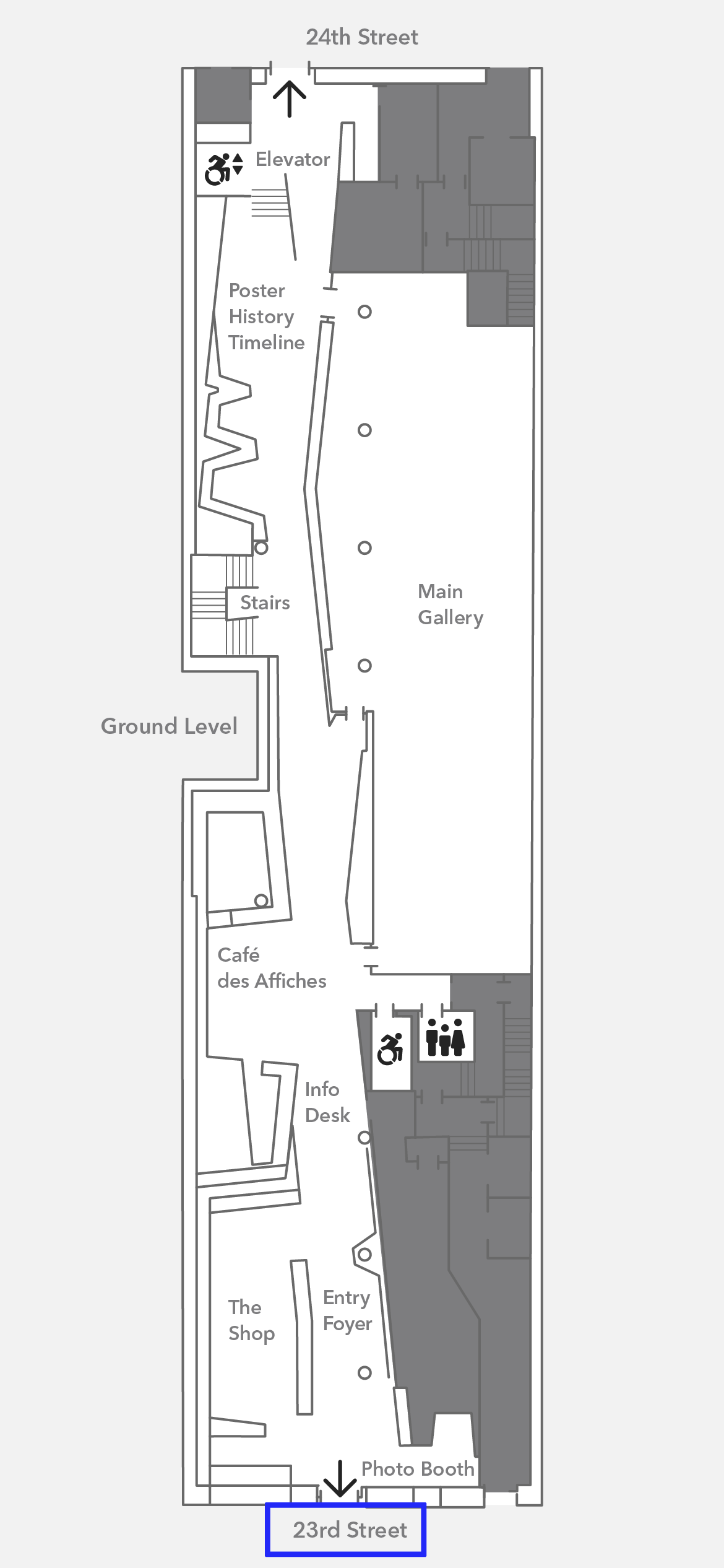Map of the first level of Poster House, shaped like a long hallway.