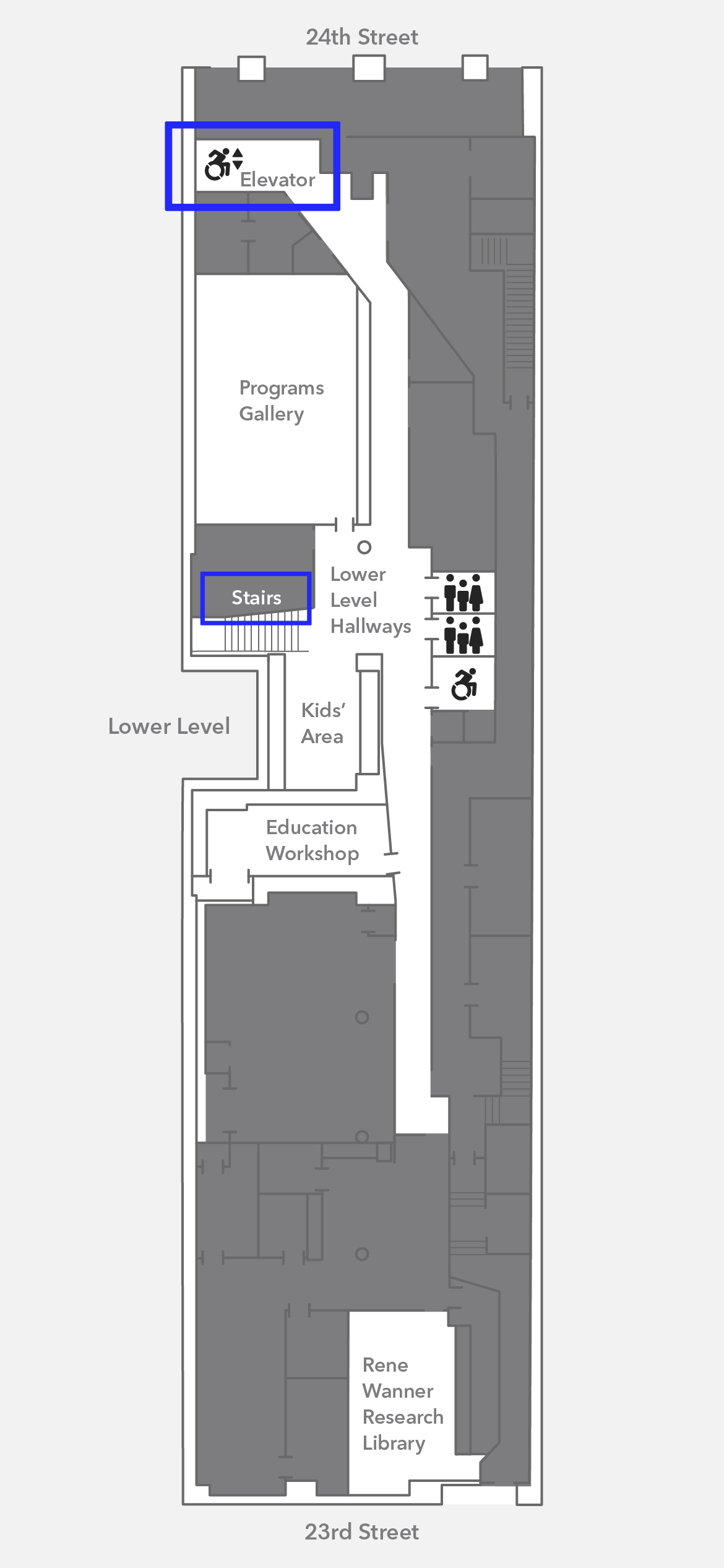 A map of the lower level of Poster House, shaped like a long hallway.