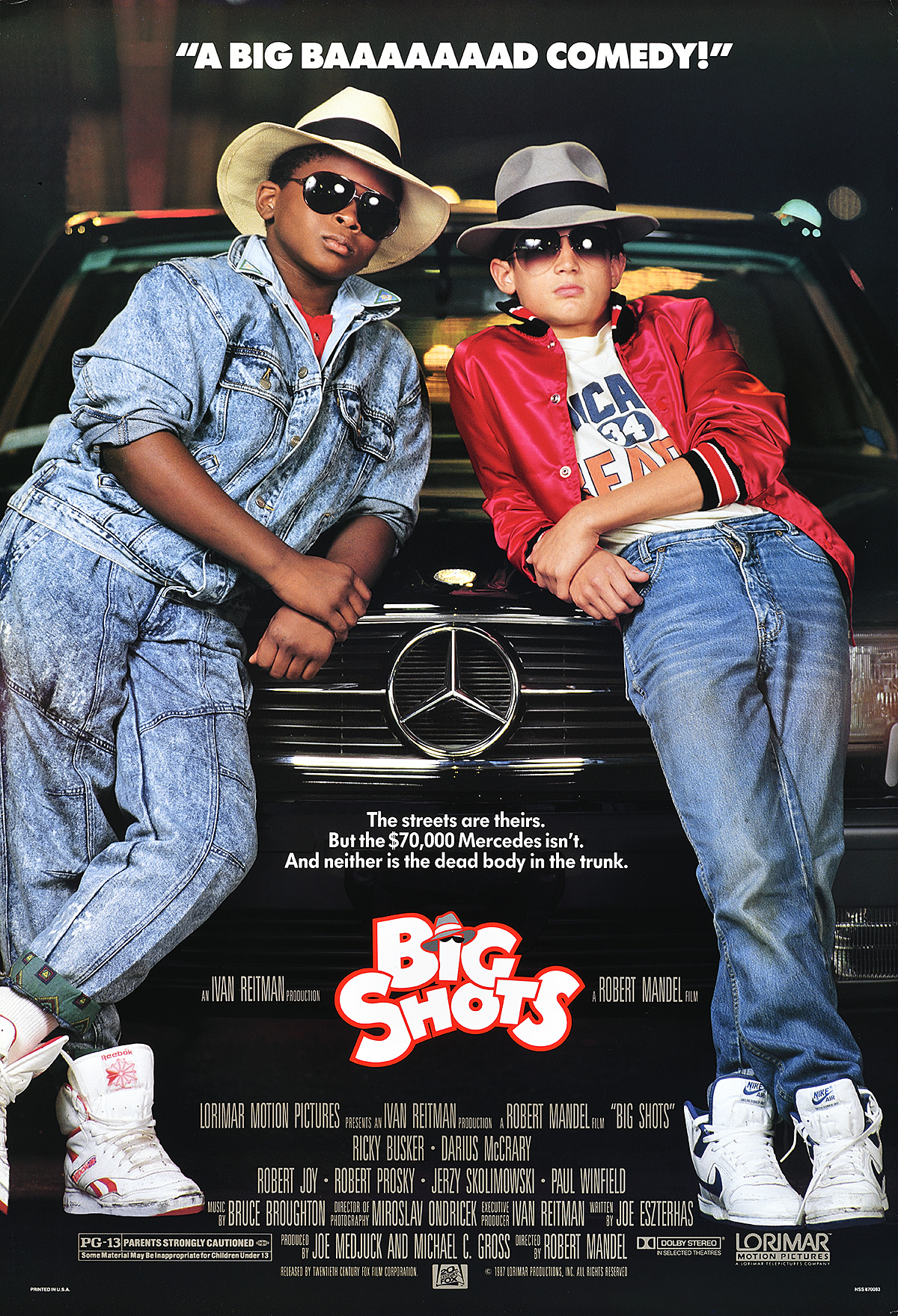 A poster of 2 boys wearing large brimmed hats and sungalsses leaning on the hood of a Mercedes car.