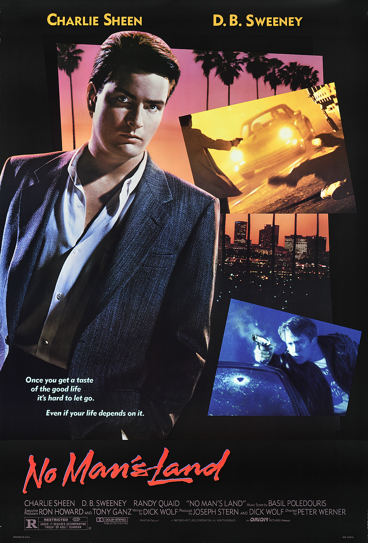 A poster of a suave suited man in front of a series of images of palm trees, a city, and gunfights.