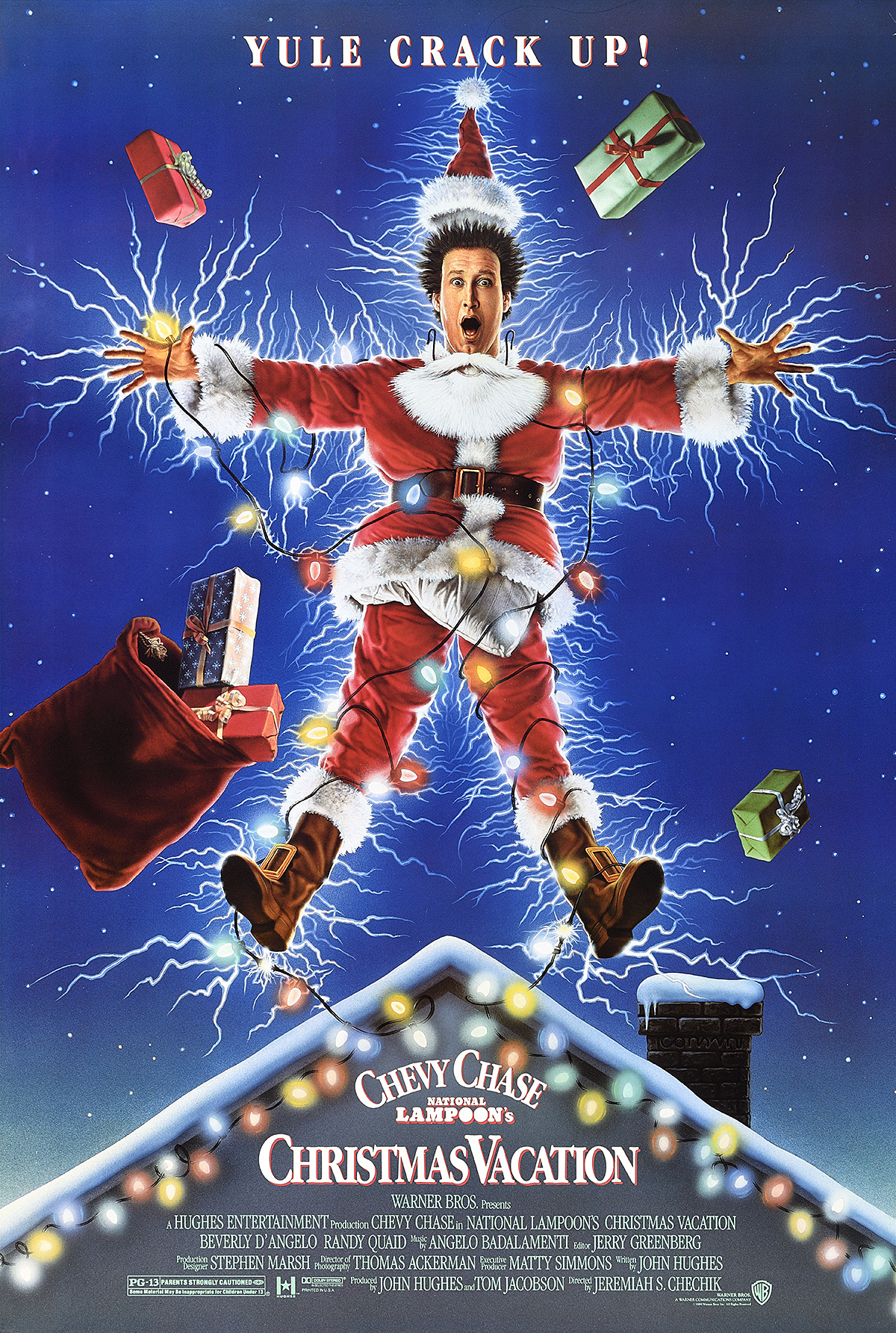 A poster of a man in a Santa Claus suit being electricuted by Christmas lights on a roof.