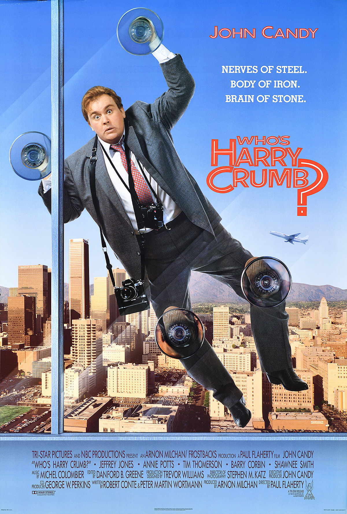 A poster of a suited man using suction cups to climb a window in front of a cityscape.