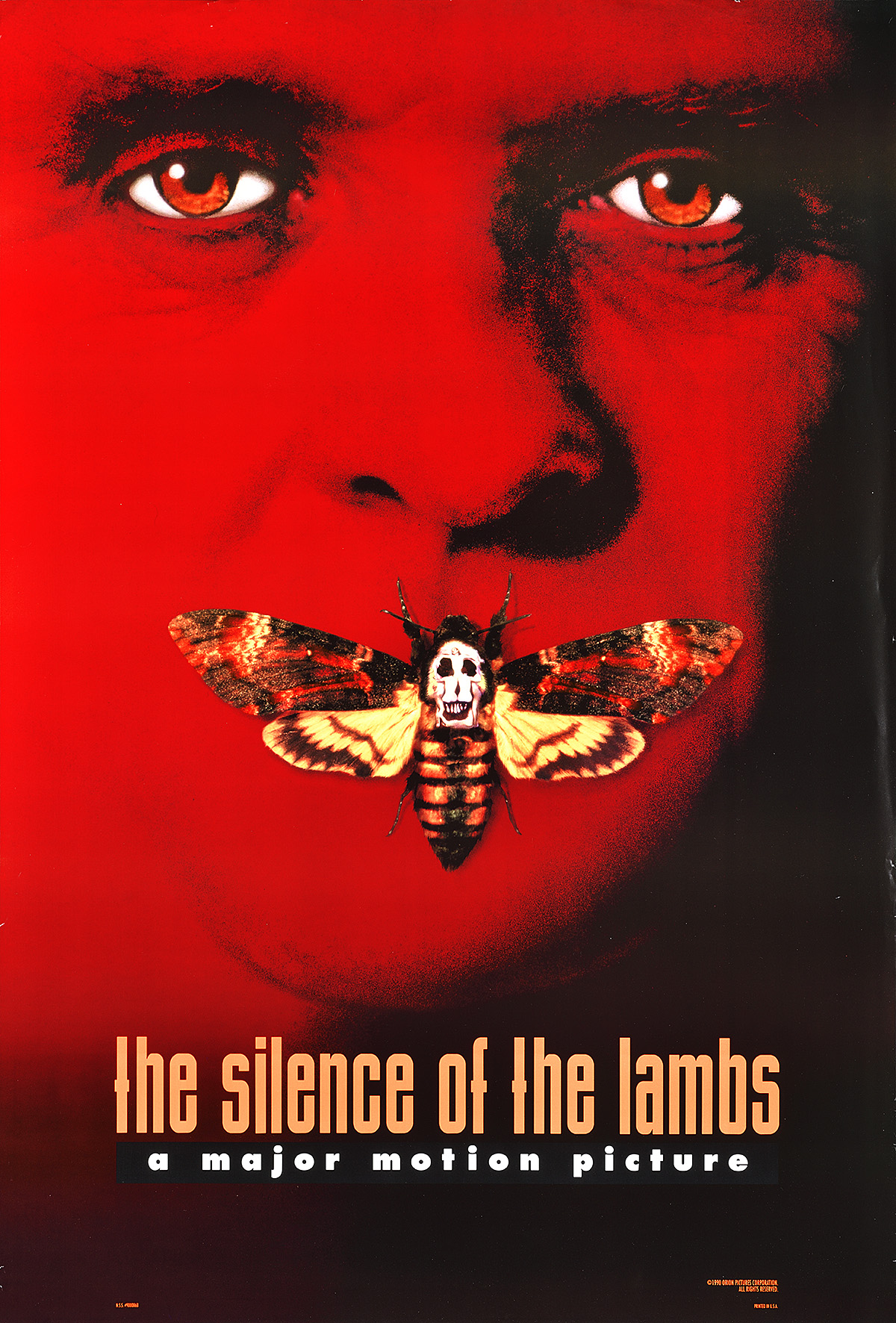 A red poster of a middle aged man's face with red eyes and a moth covering his mouth.