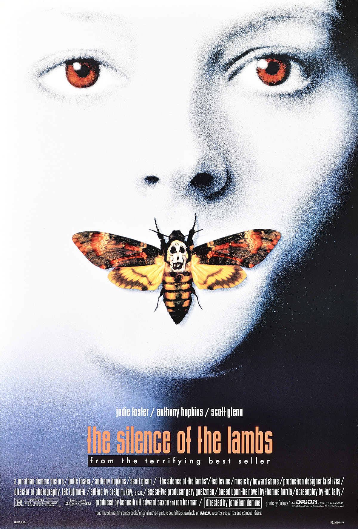 A poster of an overexposed white woman's face with red eyes and a moth covering her mouth.