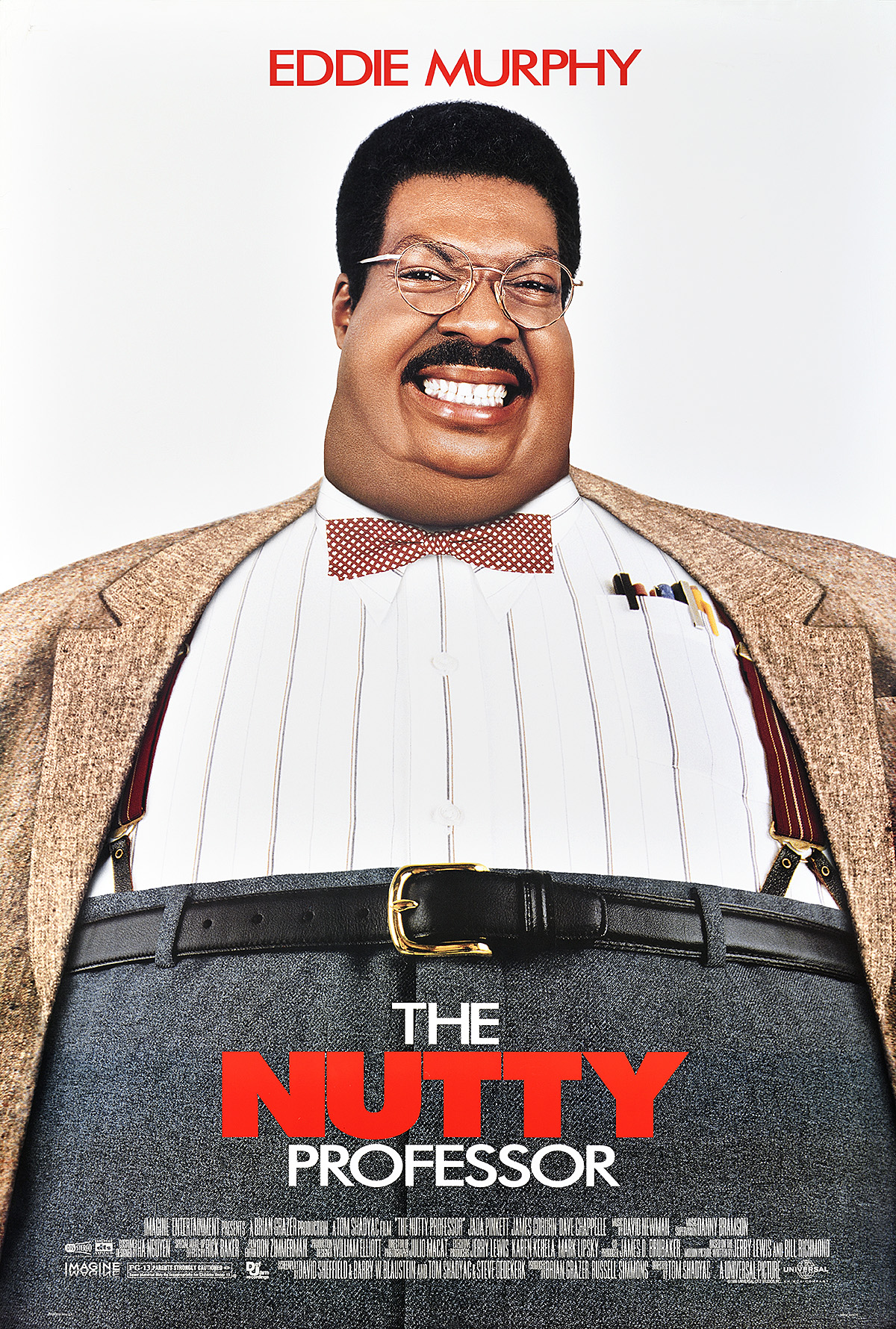 A poster of a smiling fat man wearing glasses, a blazer, suspenders, and a bowtie.