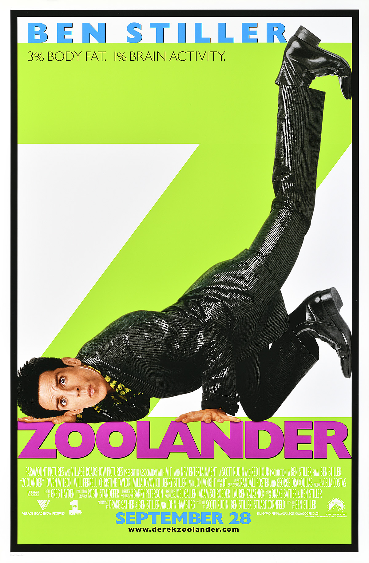A poster of a man with his arms on the ground and feet up in the air with a giant 'Z' behind him.