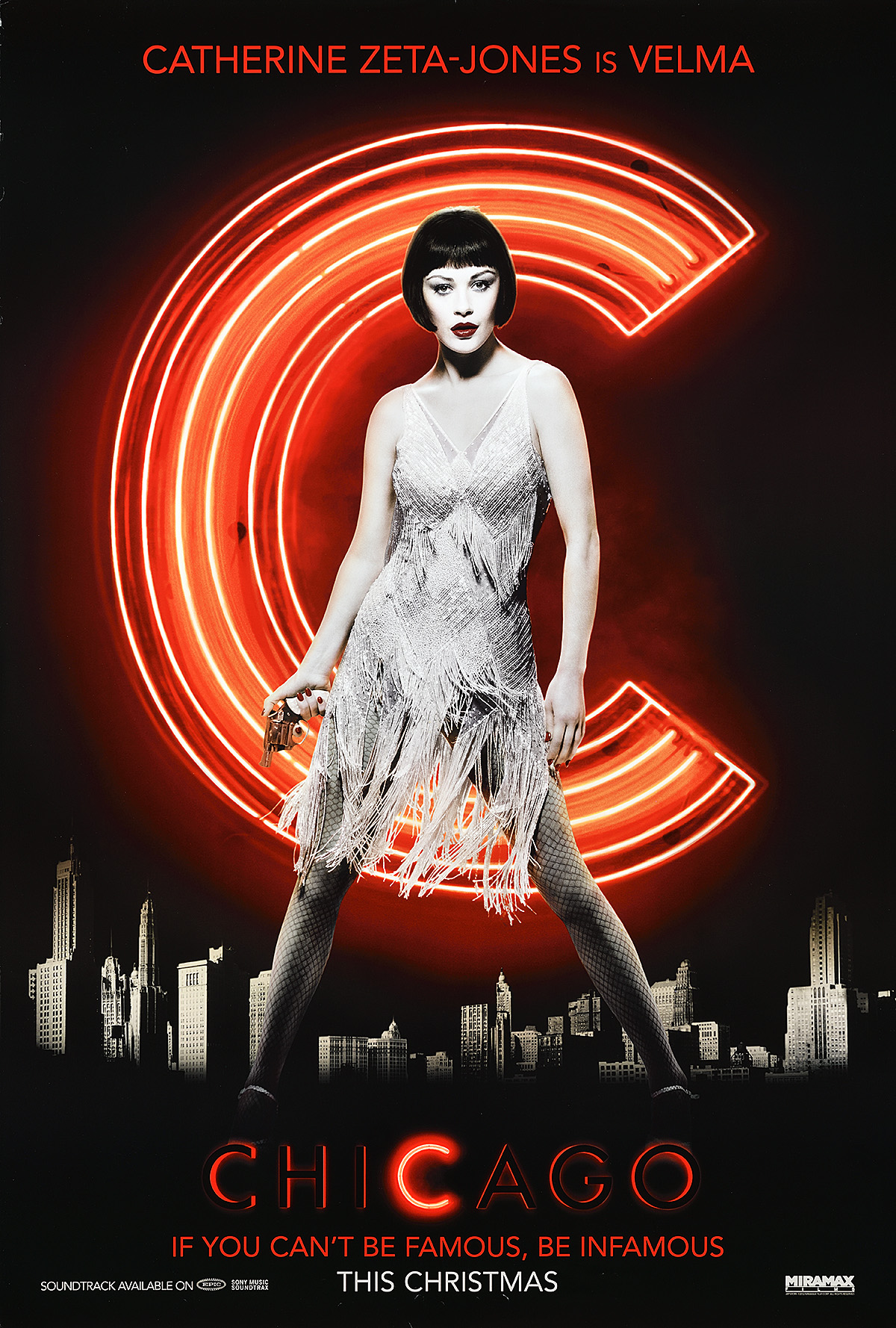 A poster of a flapper posing dramartically in front of a neon 'C' and city scape.
