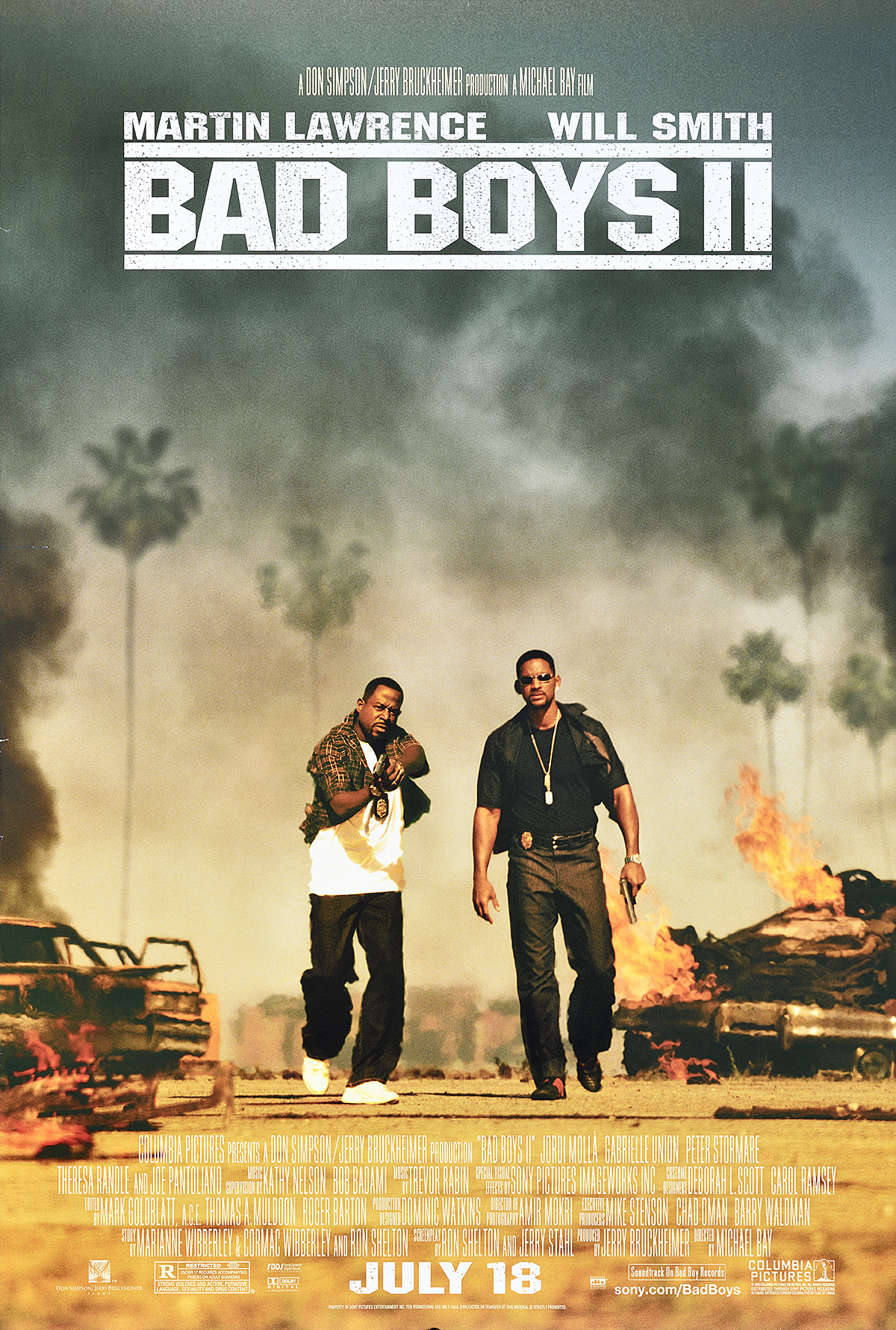 A poster of 2 ununiformed cops walking away from a smoky scene with palm trees and cars on fire.