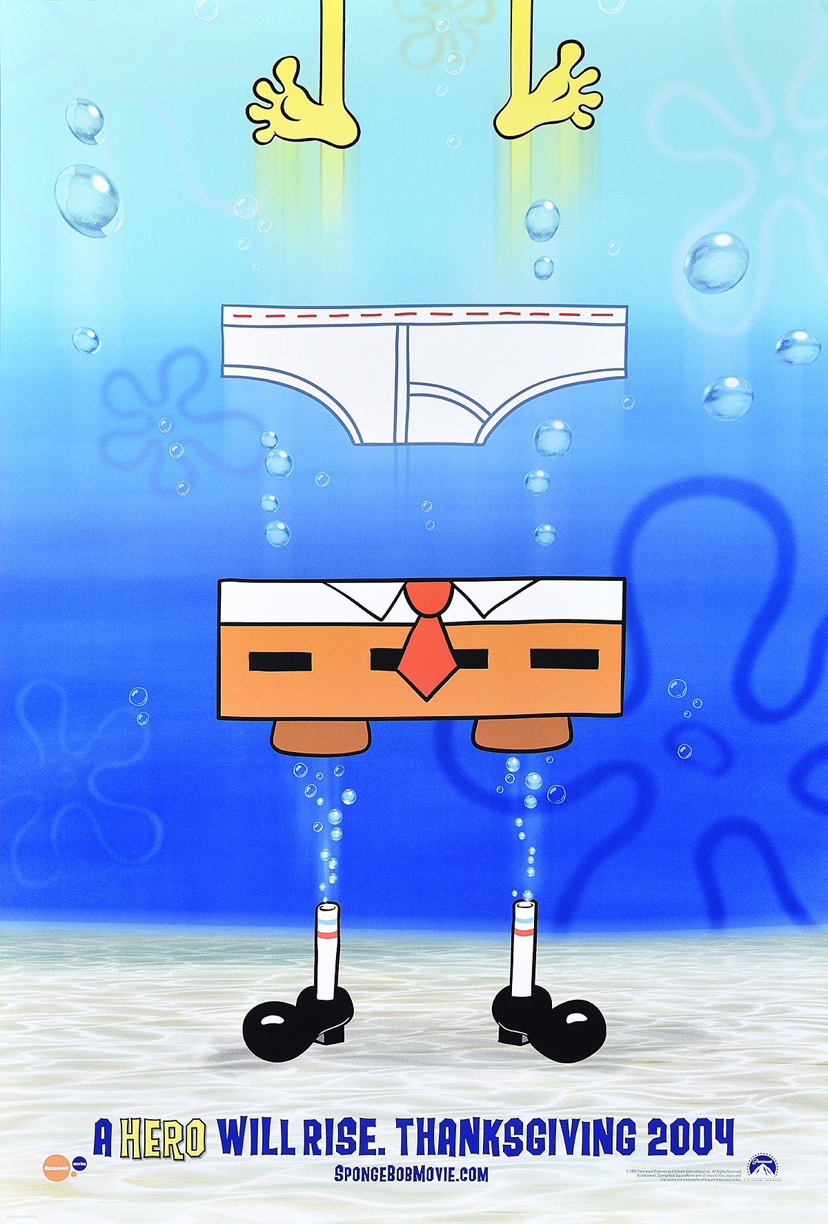 A poster of yellow legs jumping out from shoes, pants, and floating tighty-whitey underwear.