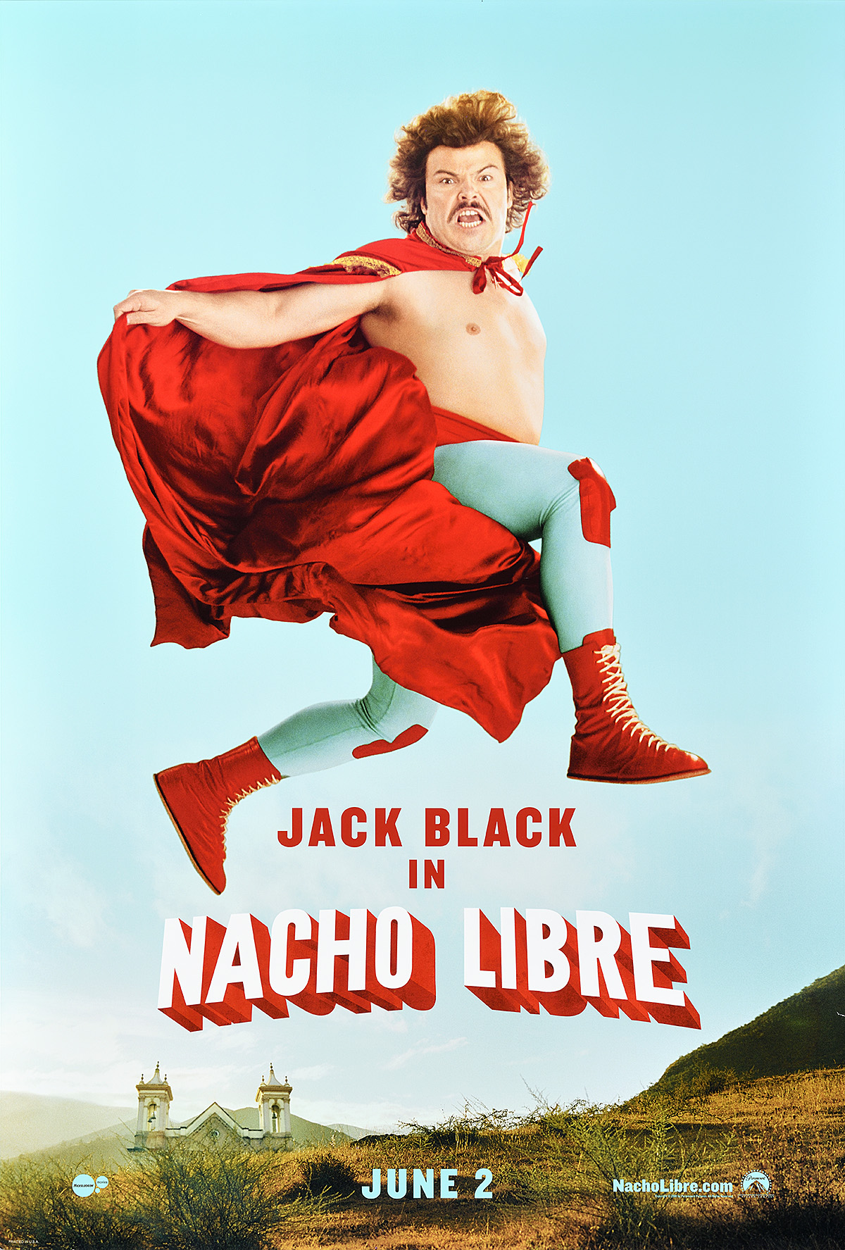 A poster of a shirtless man jumping in the air wearing a cape that's tangled in his legs.