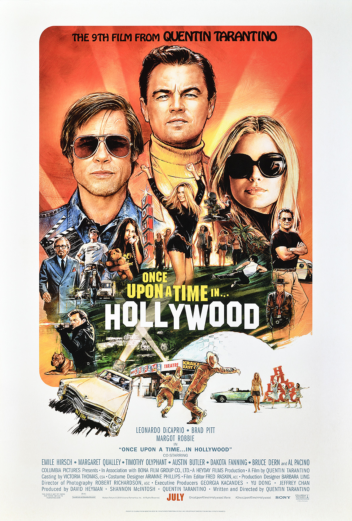 An illustration-style poster of various Hollywood style scenes in front of 2 men and a woman.