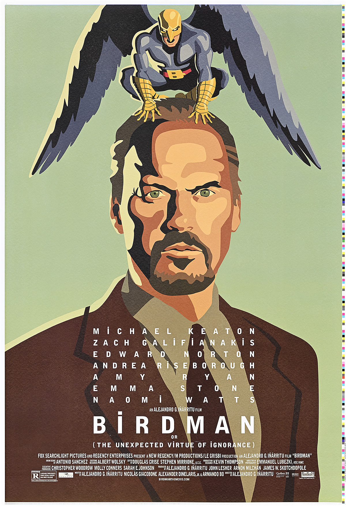 A illustration-style poster of a man with a superhero-looking bird man crouched on his head.