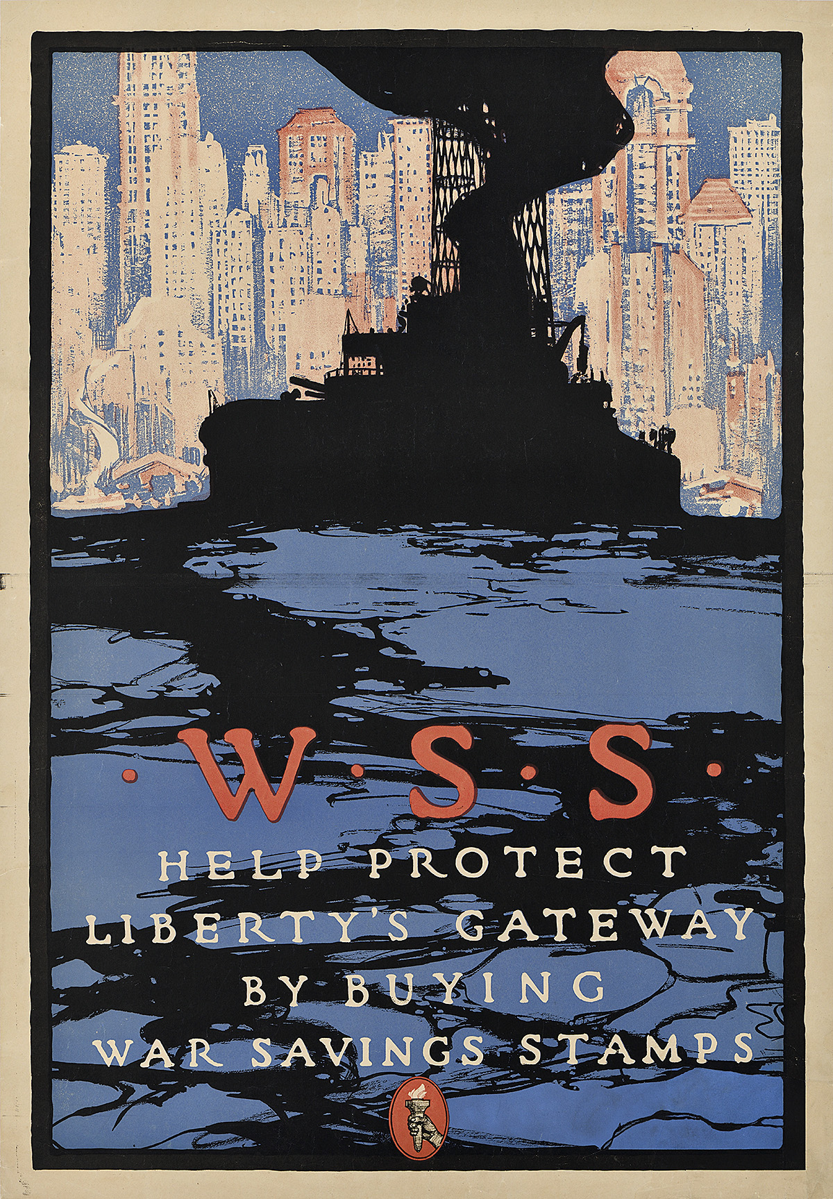 A poster of a silloutte of a battleship protecting the New York City skyline.