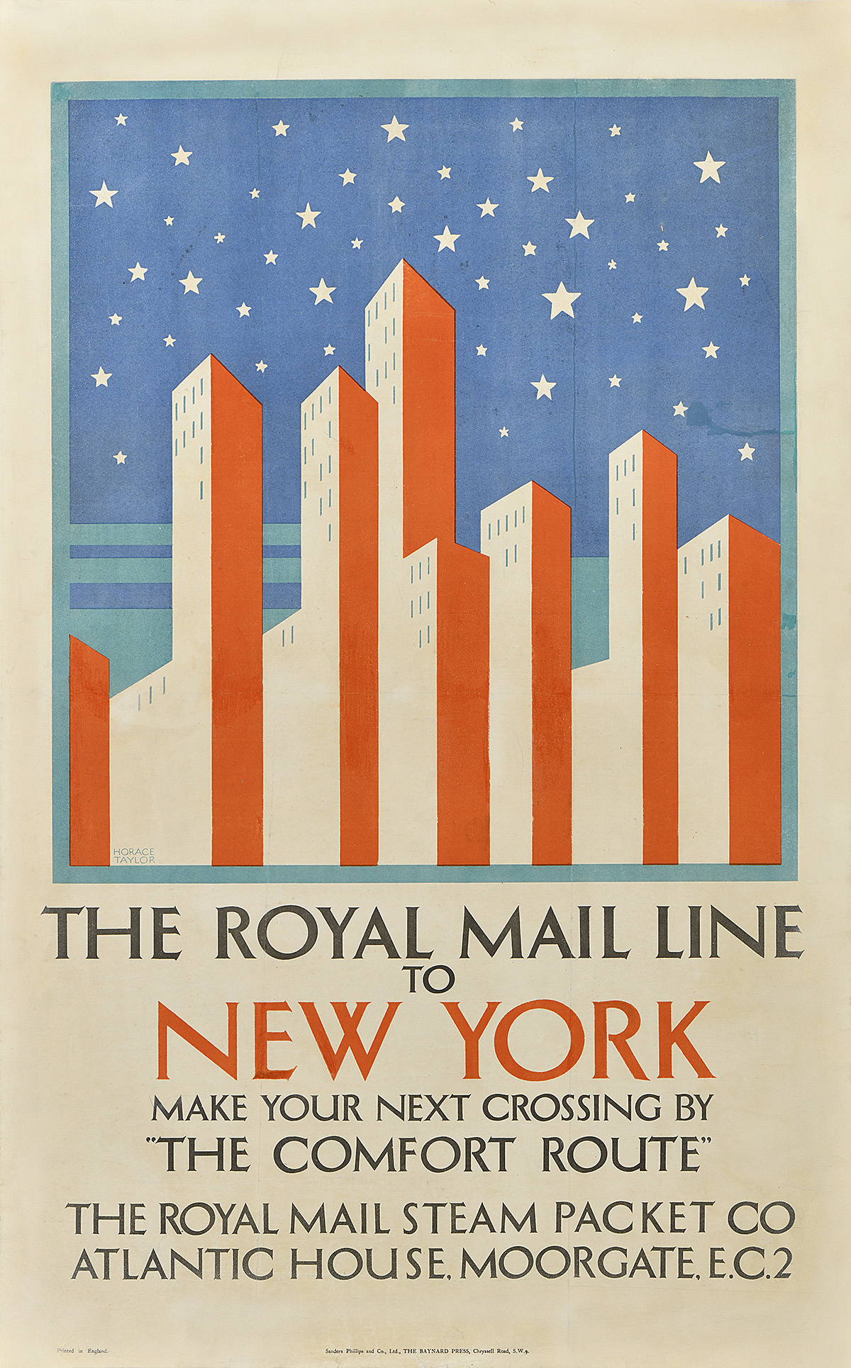 A poster of geometric vertical rectangular red and white buildings on a blue star background.