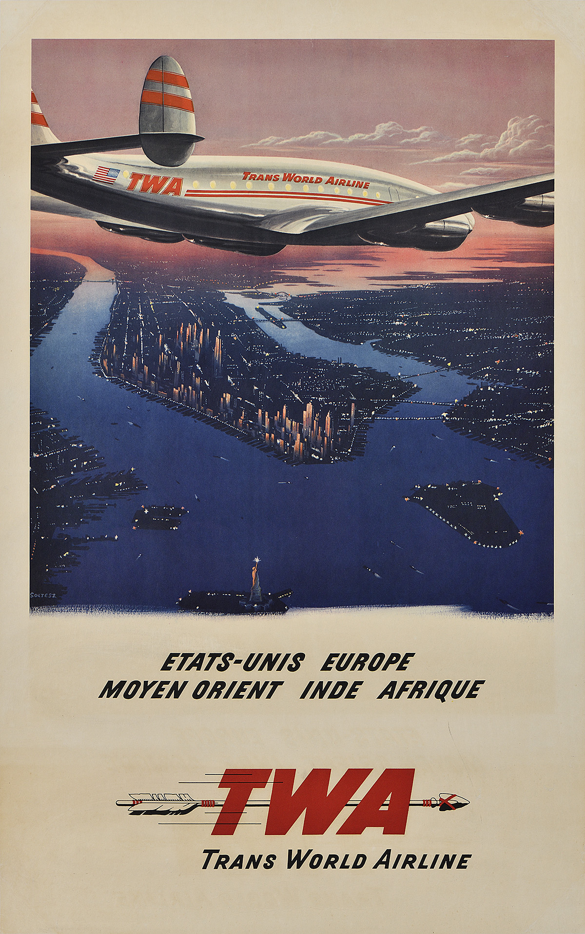 A poster of an airplane flying above an island bordered by two rivers.