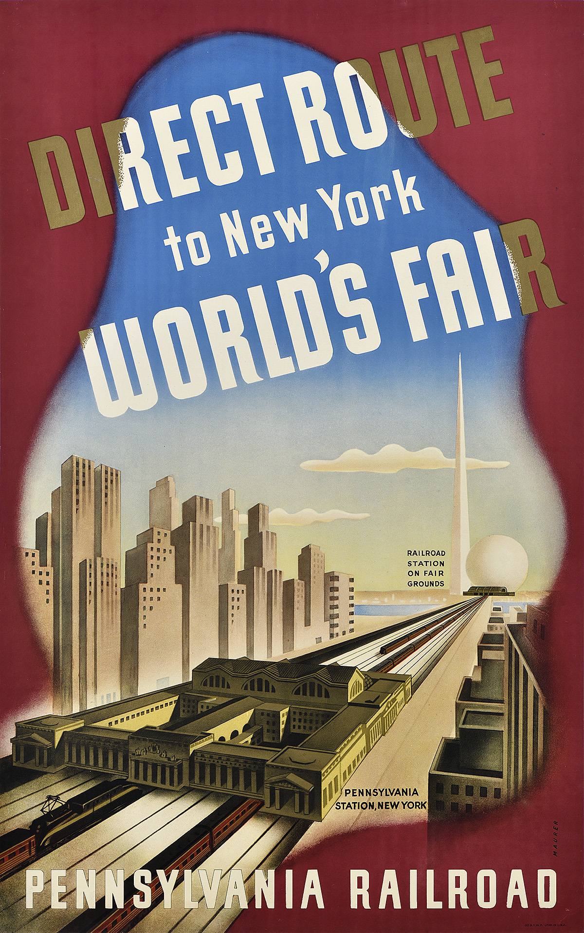 A poster of Pennsylvania Station on railroad tracks with the Trylon and Perisphere behind it.