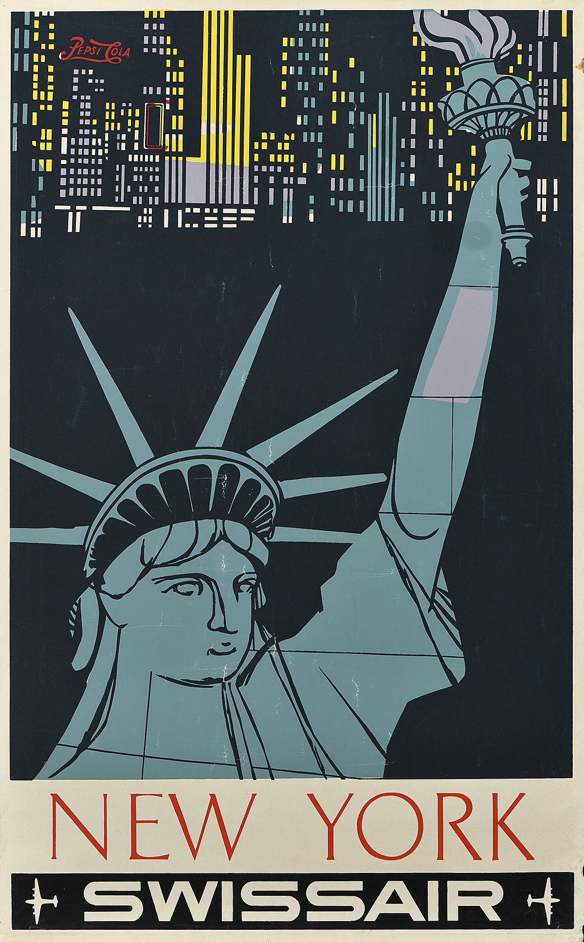 A poster of the Statue of Liberty with a skyline at the top and a Pepsi-Cola sign in the corner.