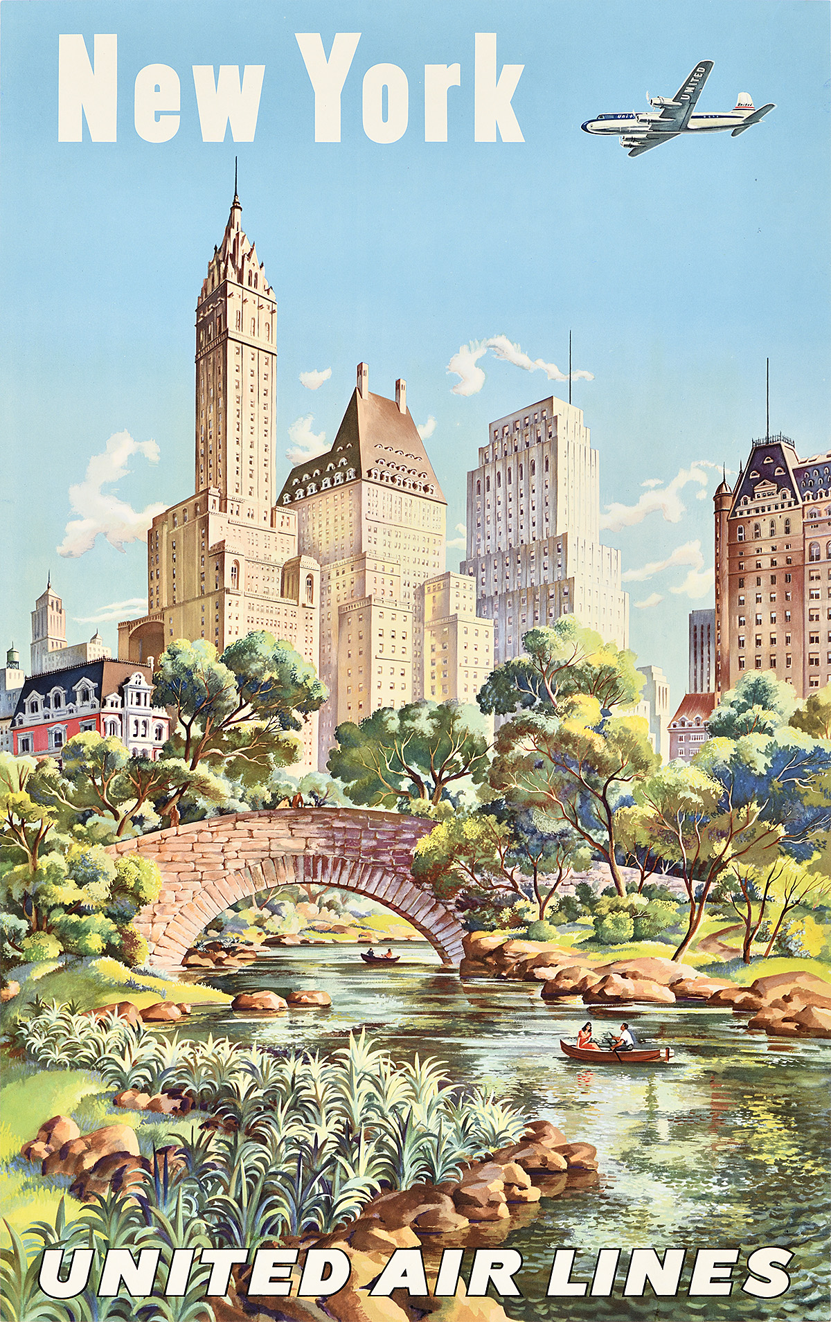 A poster of a bridge over a pond with buildings in the background and a plane flying overhead.