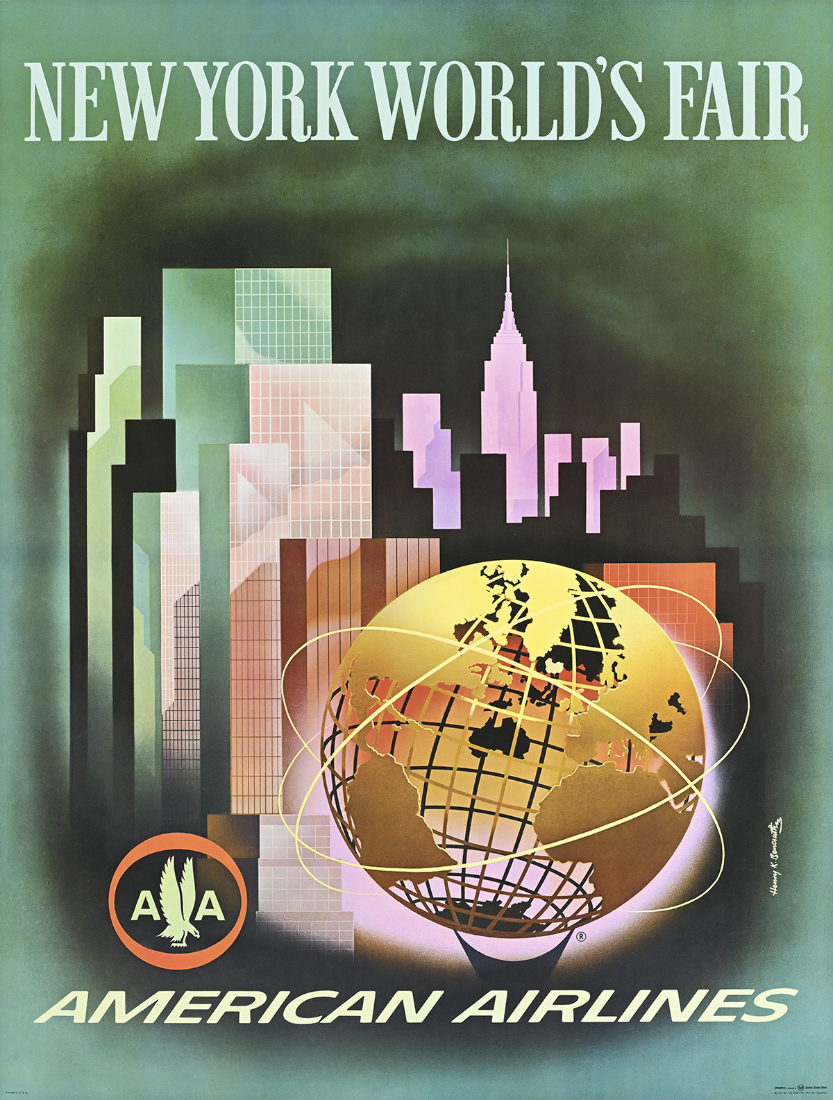 A geometric-style poster of an Earth statue with 3 oribital rings on the New York City skyline.
